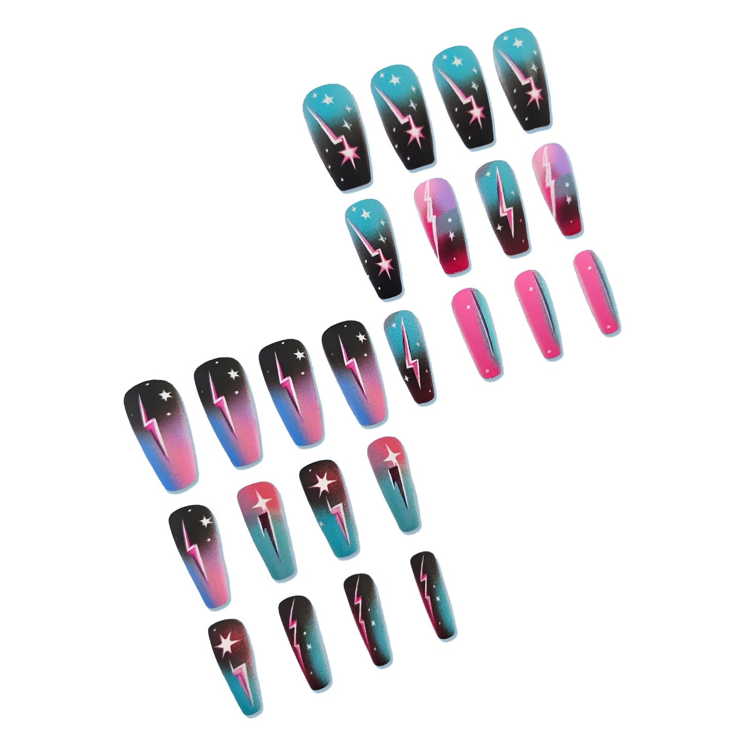MERVF Coffin Press on Nails Long Fake Nails Colorful Starry Sky Glue on Nails Flash Design Gradient Ballerina Acrylic Ombre False Nail Matte 24pcs