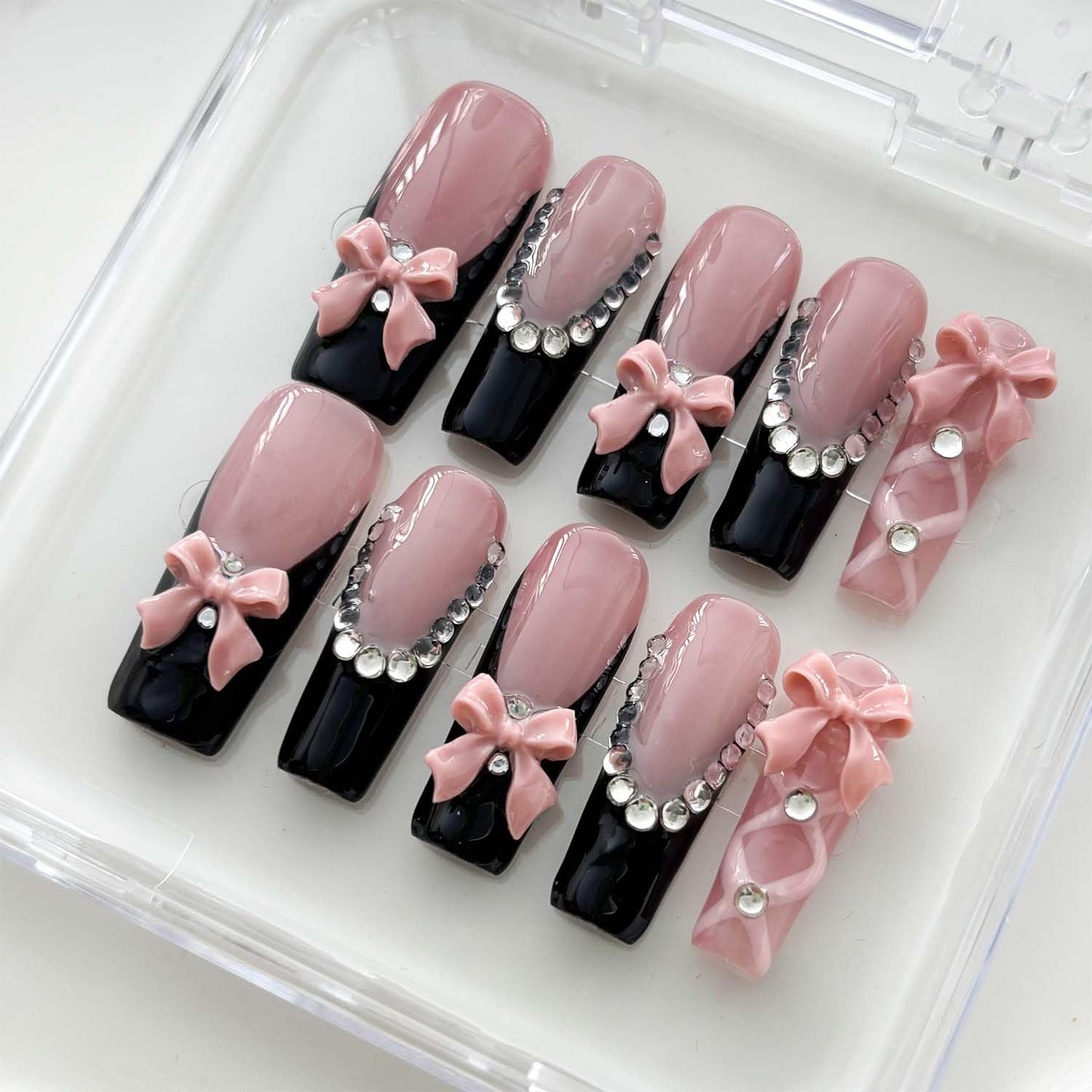 10Pcs Handmade Press On Nails Long Square Fake Nails Bow With Rhinestone Design French Tip False Nails Reusable Stick On Nail Artficial Acrylic Nail For Women (SIZE:M)