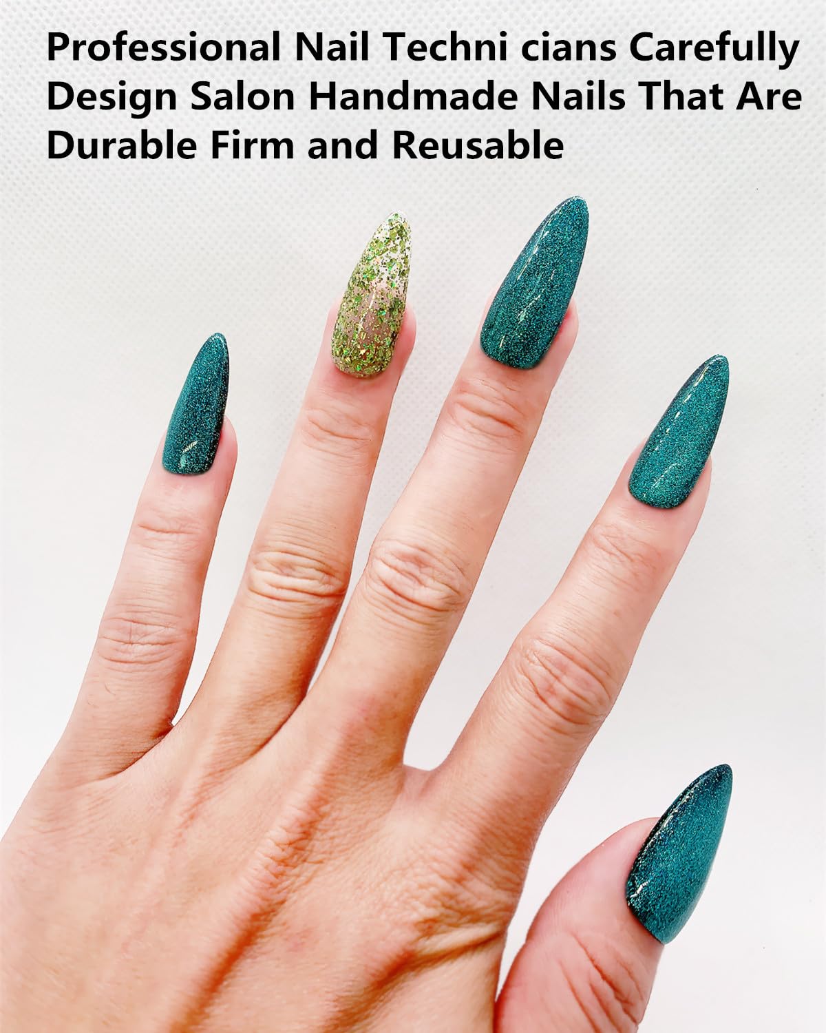 CAMILCY Press on Nails Handmade Nails Luxury Reusable Fake Nails For Girls long Almond Armor Cat's Eye Green Diamonds HandPainted Salon Loveful Design Acrylic GelUV Finished 3D Nails 10PCS (A028, S)