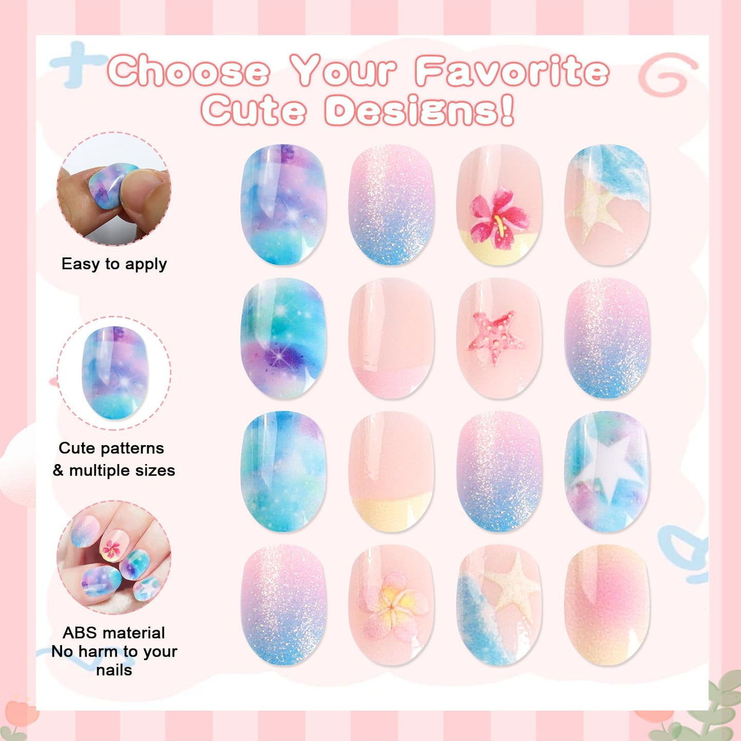 SIUSIO 3Pack Children Acrylic Fake Nails, 72pcs Press on Full Cover Glitter Gradient Color Short Almond False Nail Art Kits Set with Sticker Tabs Nail Glue Gel for Kids Little Girls - Summer Ocean