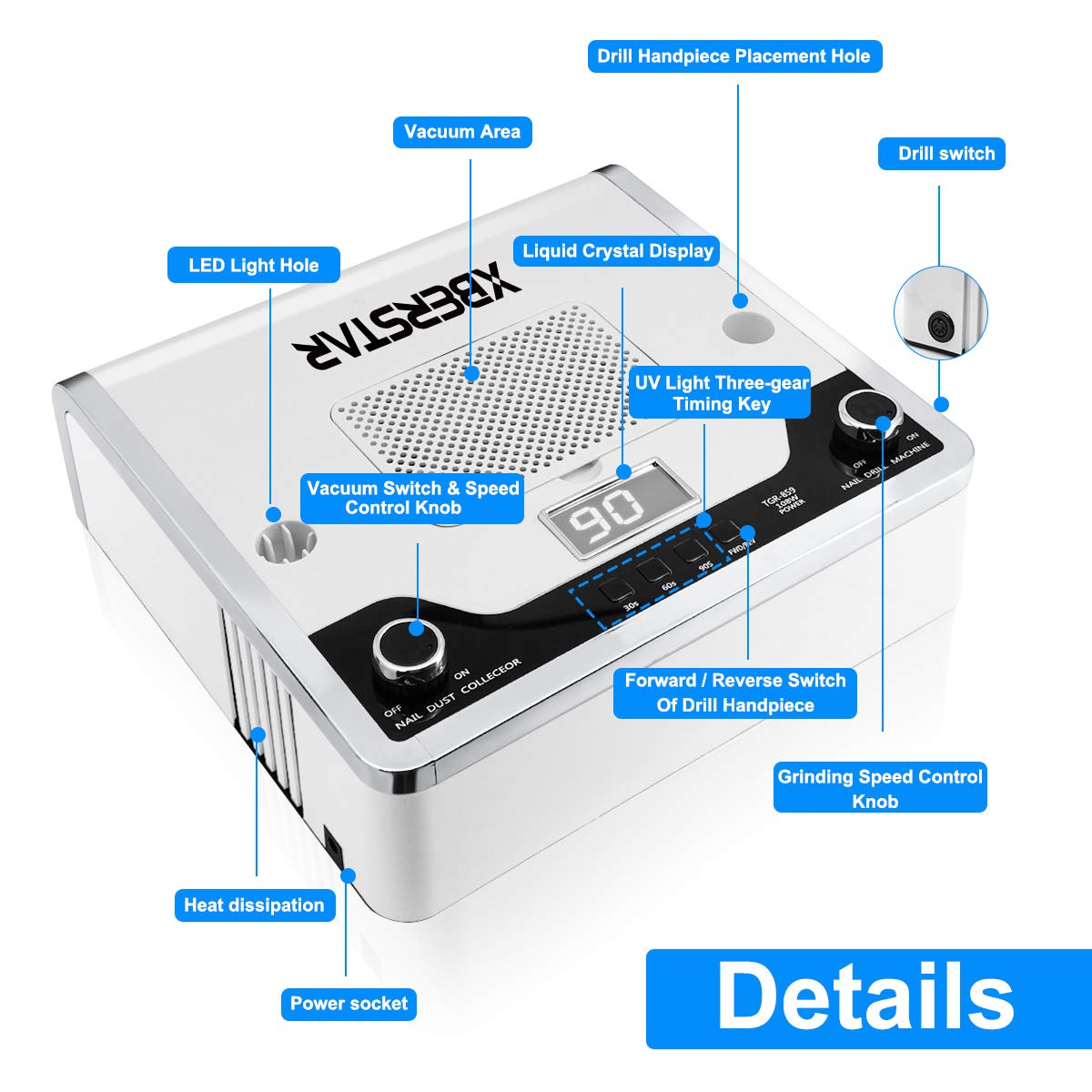 XBERSTAR Nail Dust Collector,54LED 108W 4‑in‑1 Electric Suction Dust Fan for Acrylic Gel Nails Kit Nail File Drill Professional Salon Nail Art Equipment Kit (White)