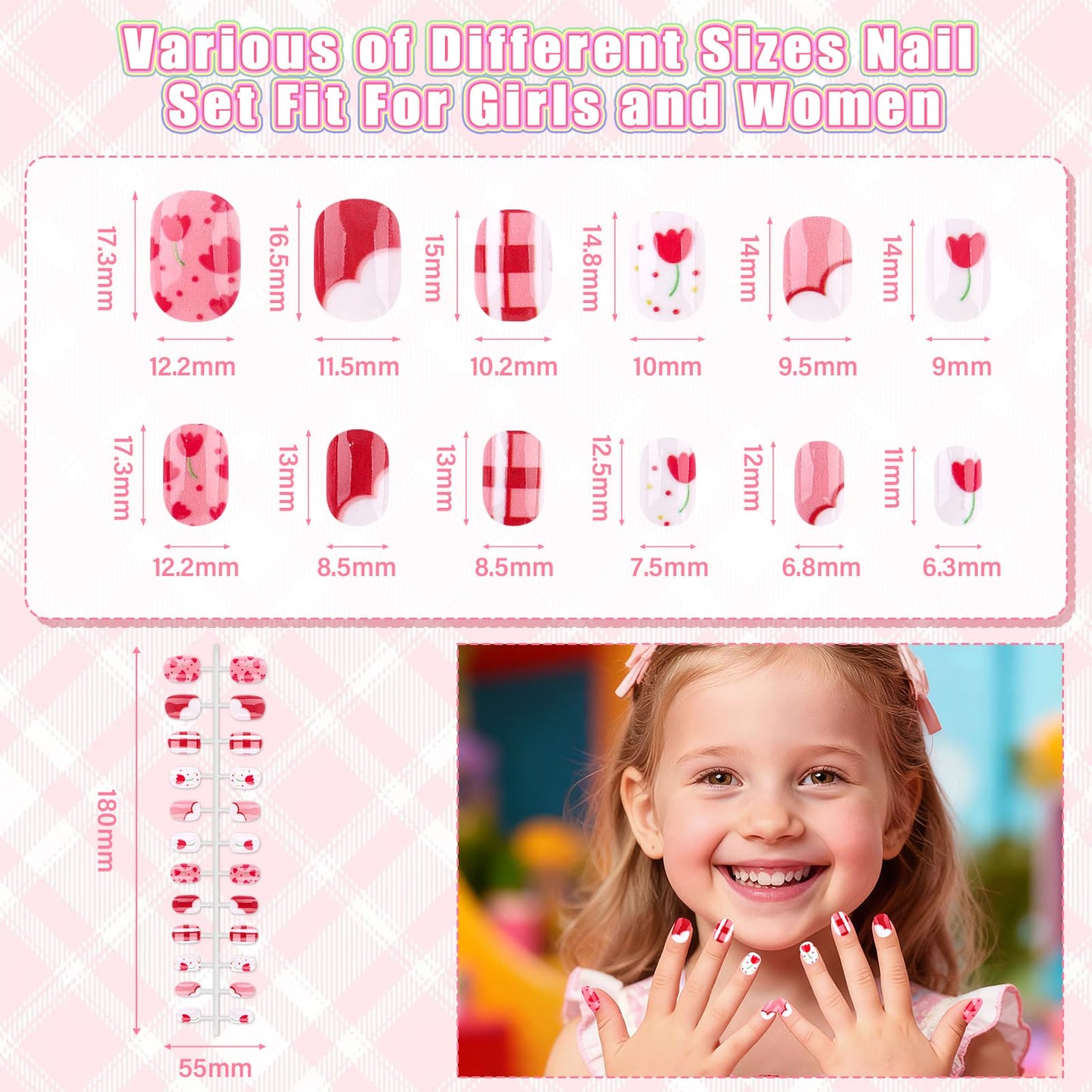 480 Pieces Press on Nails for Kids, EBANKU Girls Fake Nail Kit with Cute Nail Sticker Rhinestones Glitter, Nail Glue & Glue Removal & Sticky Tabs, Toe Separator & Other Manicure Tools w Storage Case
