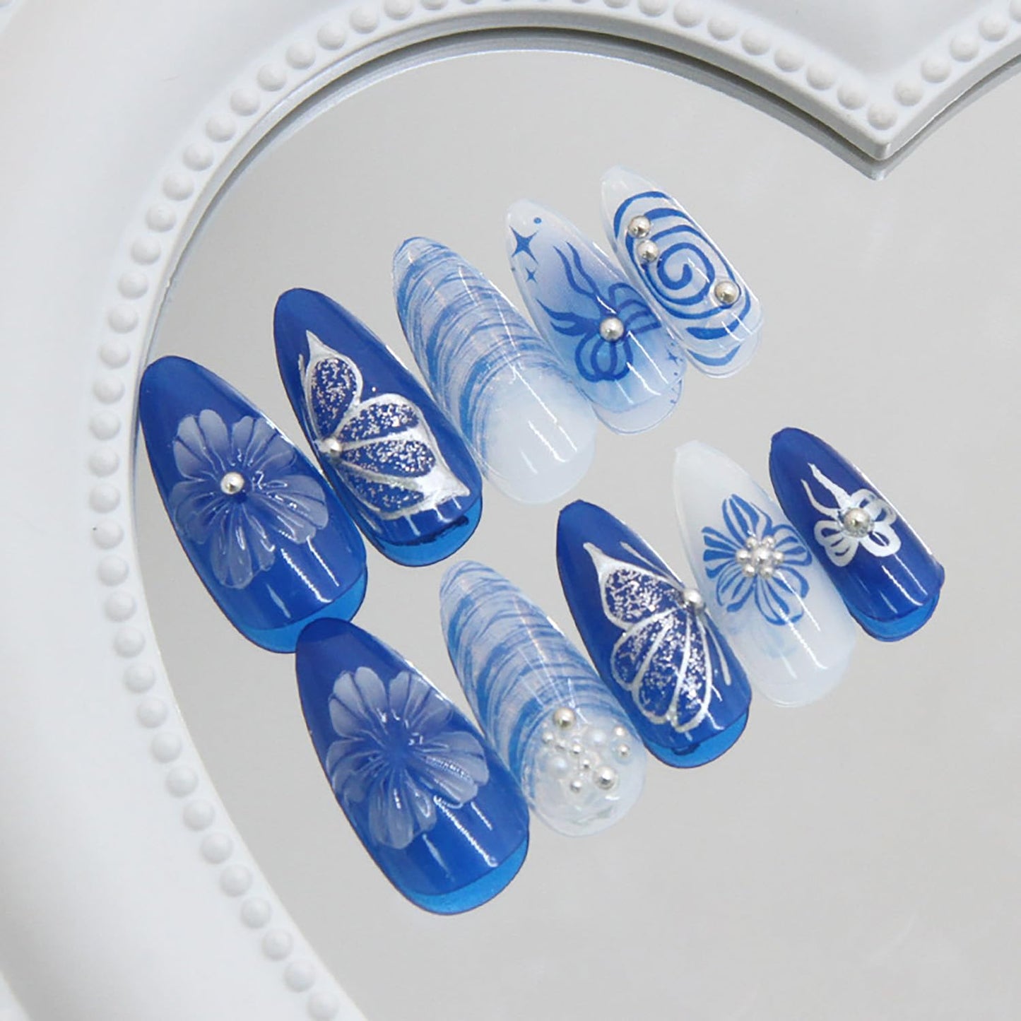 EYZOTSF Press on Almond Nails Medium Length Glossy Full Cover Acrylic Almond Shaped False Nails with Designs Artificial Fake Nail with Charms Glue Stick ons Fingernails for Women Girls(Z1102)