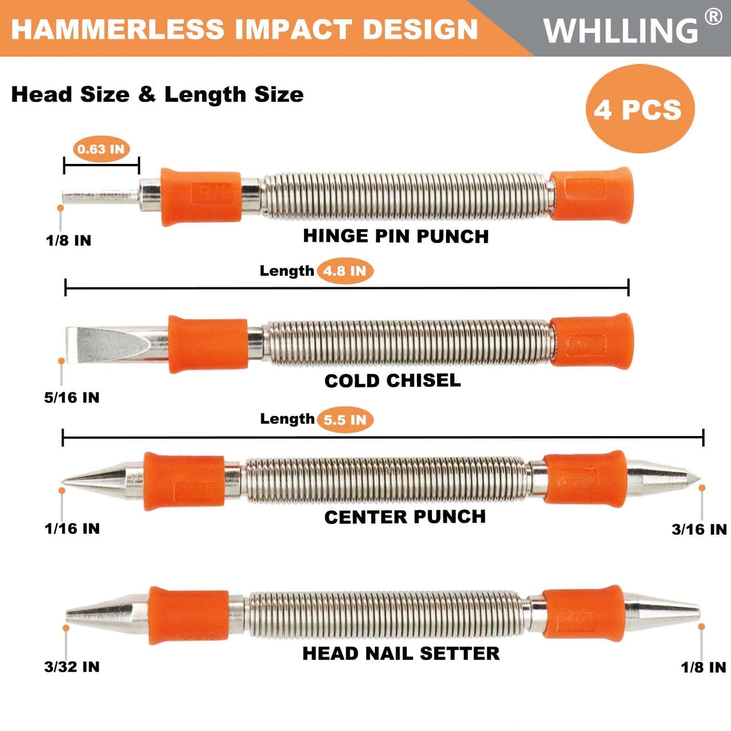 WHLLING 4 Pieces Dual Head Nail Setter, Dual Head Center Punch, Door Hinge Pin Removal Tool and Cold Chisel, Spring Nail Set, Spring Loaded Punch（1/8-in, 3/32-in, 3/16-in, 1/16-in, 5/16-in, 1/8-in）