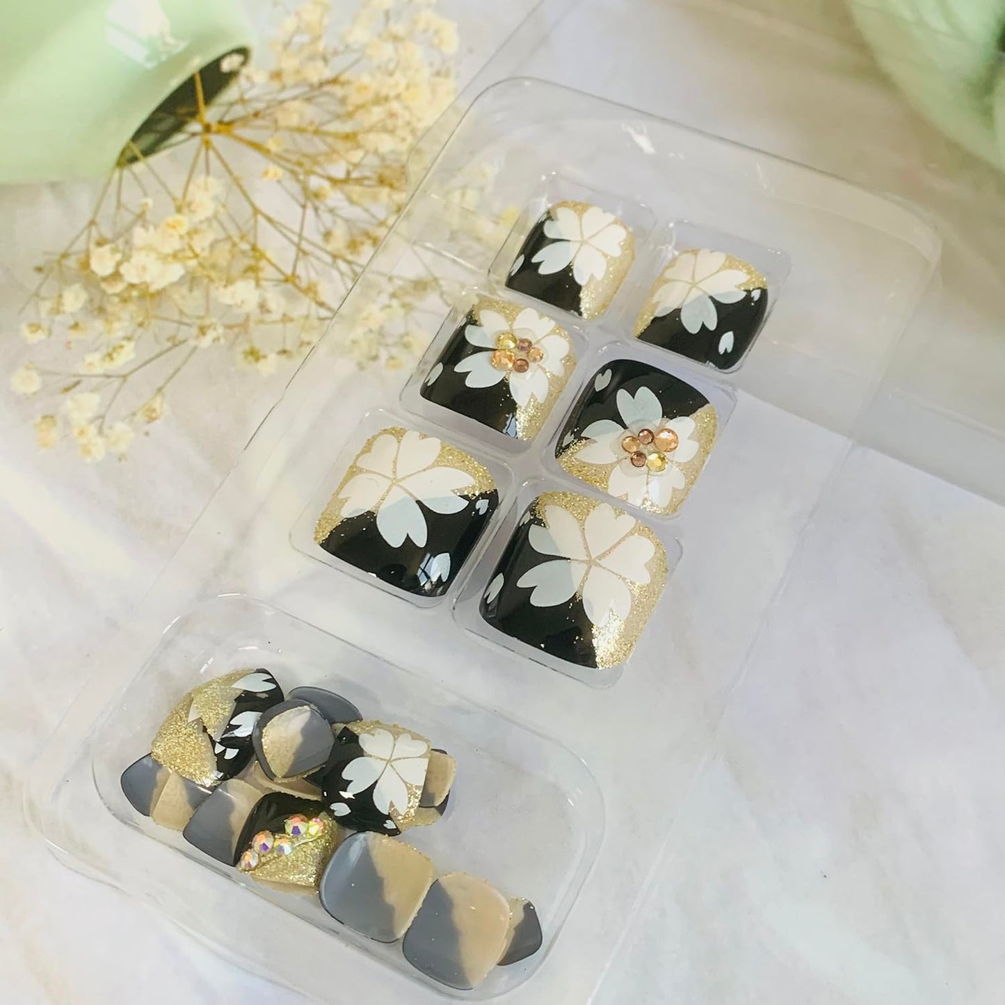 Press on Toenails with Starry Sky Designs, Artificial Fake Nails for Toe, Full Cover Moon Star Rivet Coffin Acrylic False Nails, Glue on Toenails with Charm, Stick on Toe Nails for Women Girls(J94)