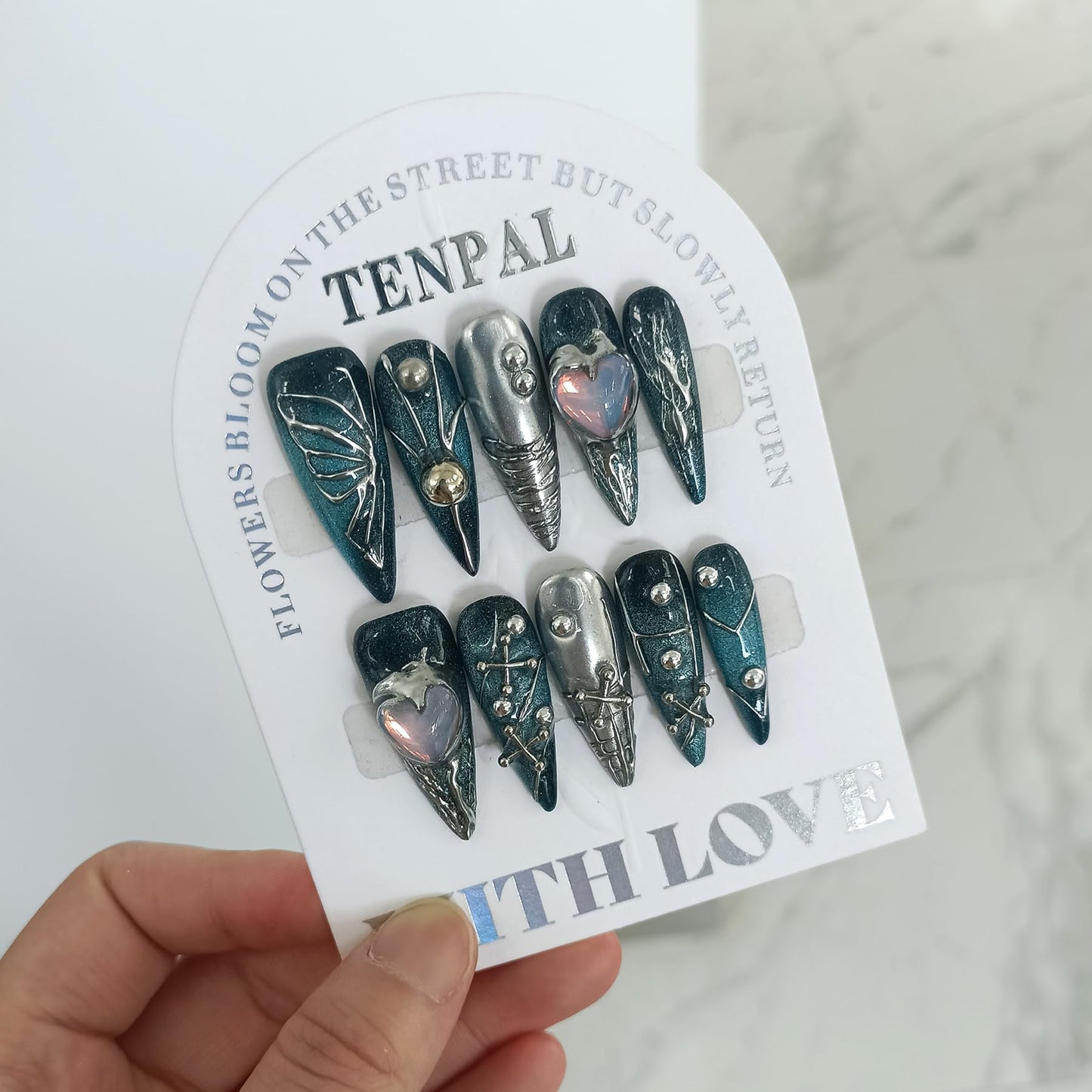TENPAL Handmade Press on Nails Long Stiletto,Galaxy Ombre Blue-Black Fake Nails with 3D Butterflies Cross Beads Gem Stones,Edgy Y2K Metal Embossed Meteor Glitter Design Salon False Nail Kit 10pcs(M)