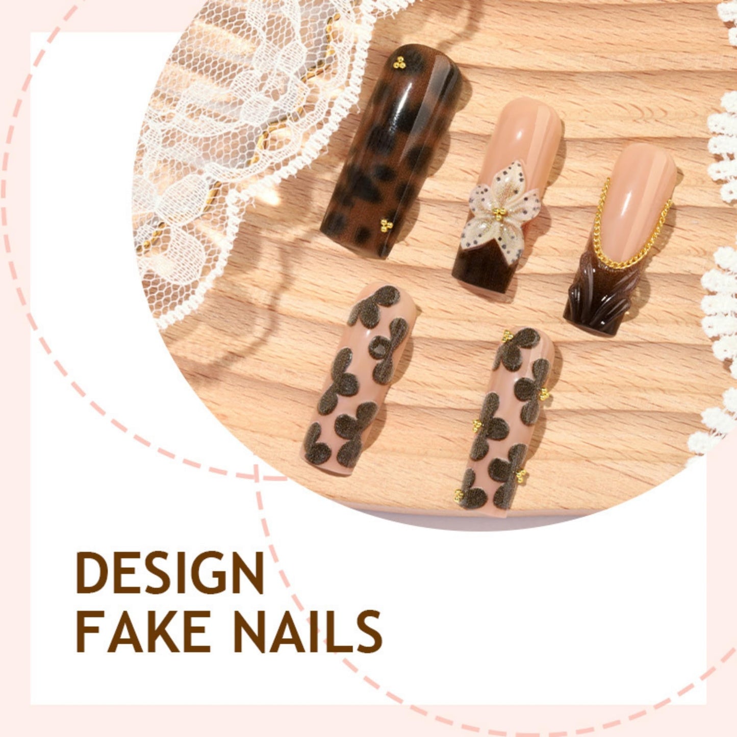 OCTOSWAVE Press on Nails Long Square Fake Nails Leopard Print 3D Flower Design Brown French Tip False Nails for Women Daily Wear Party 24 Pcs with Manicure Tools