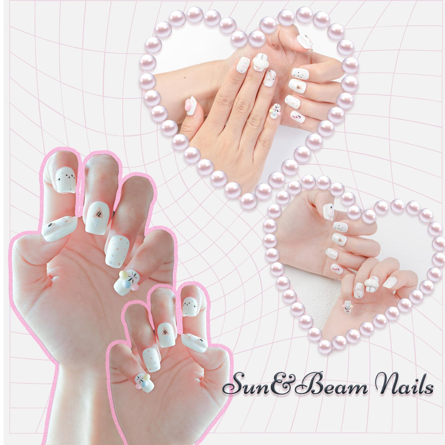 Sun&Beam Nails Handmade Press-on Short Squoval Round Pink White Blue Yellow Cartoon 3D cat Design Fashion False Nail Tips 10 Pcs Set (#185 S)