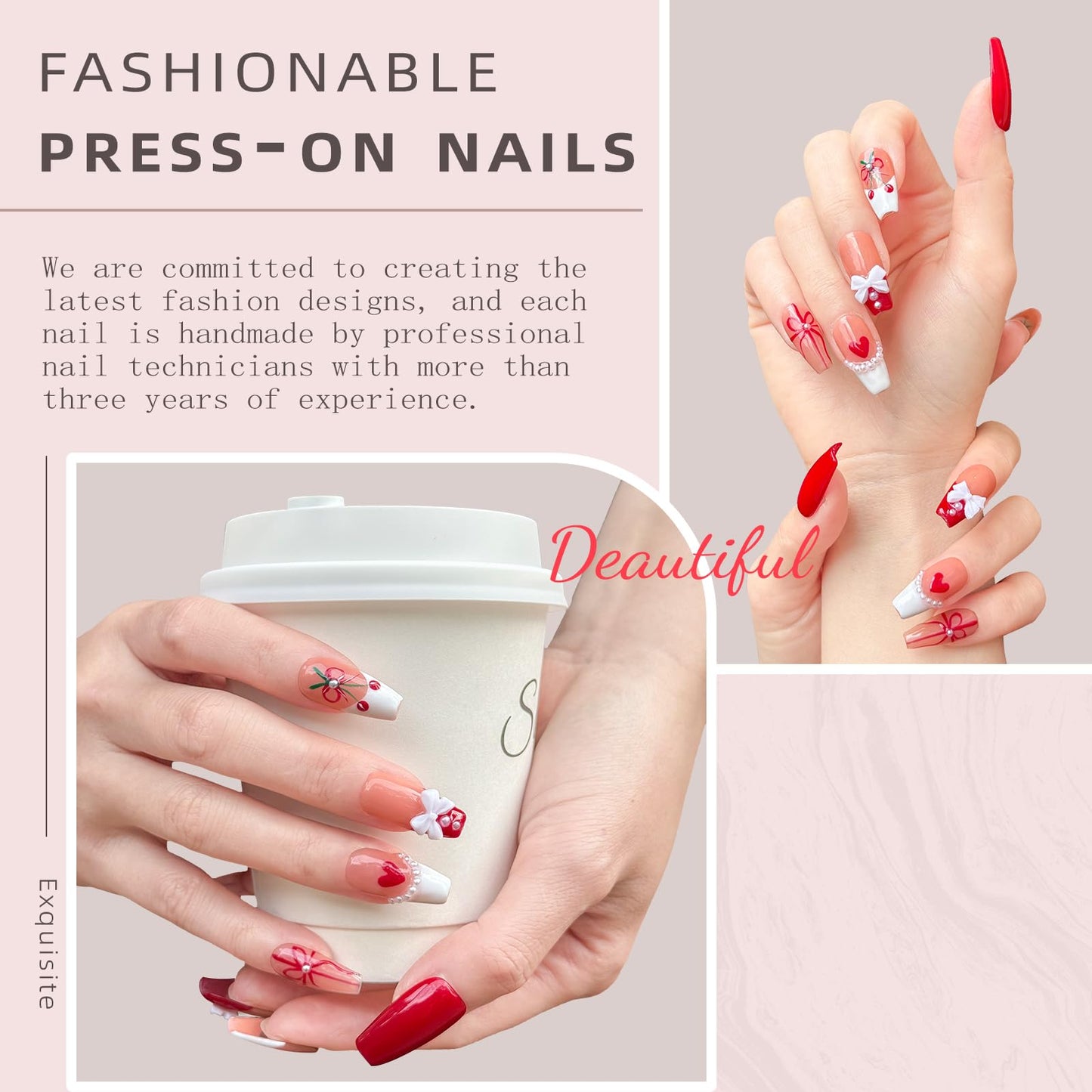 Luxury Handmade Press On Nails - Coffin 3D Bows & Cherry Pearls, French Red Reusable False Nails for Date Night & Spring Party, Salon-Grade Gel Acrylic Nail Art (M-10PCS)