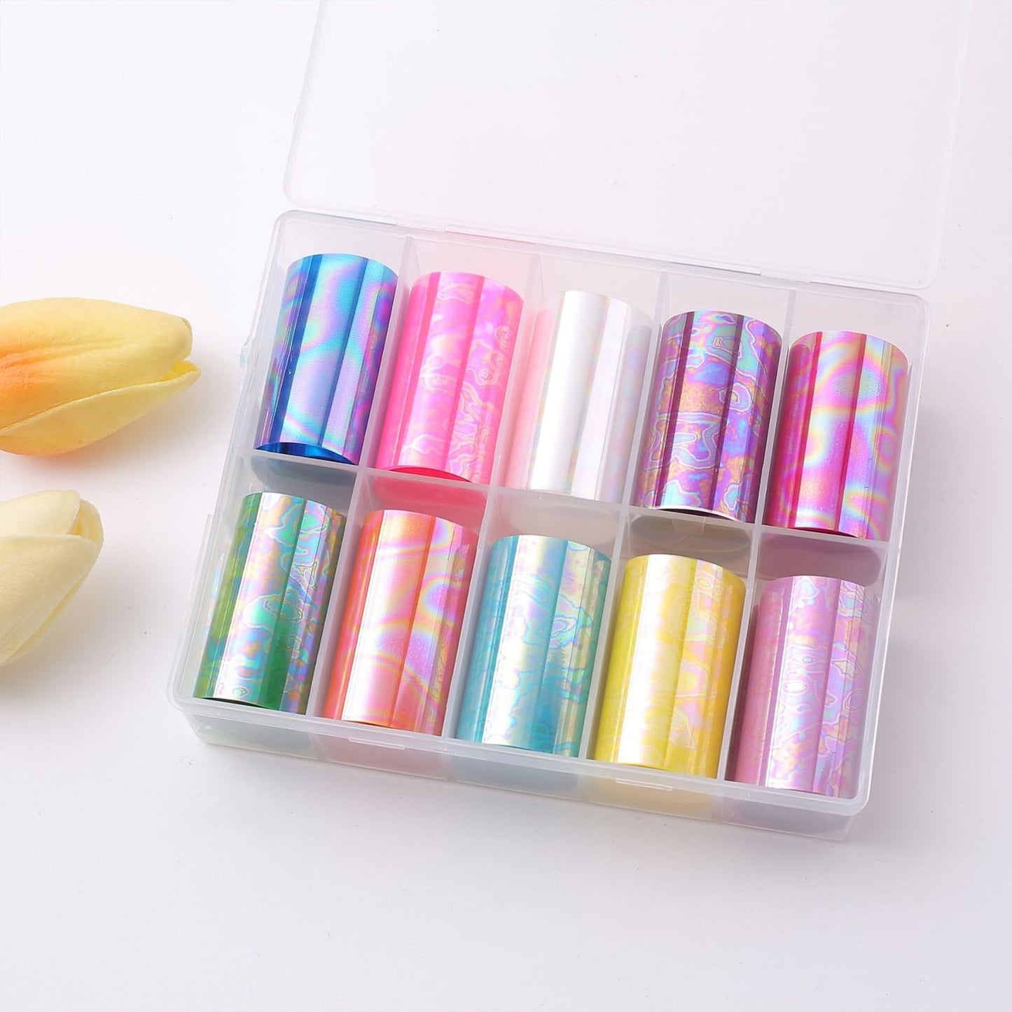 JERCLITY 10 Rolls Aurora Iridescence Nail Foil Transfer Sticker Kit Holographic Decals Laser Nail Foil Transfer Stickers Wraps