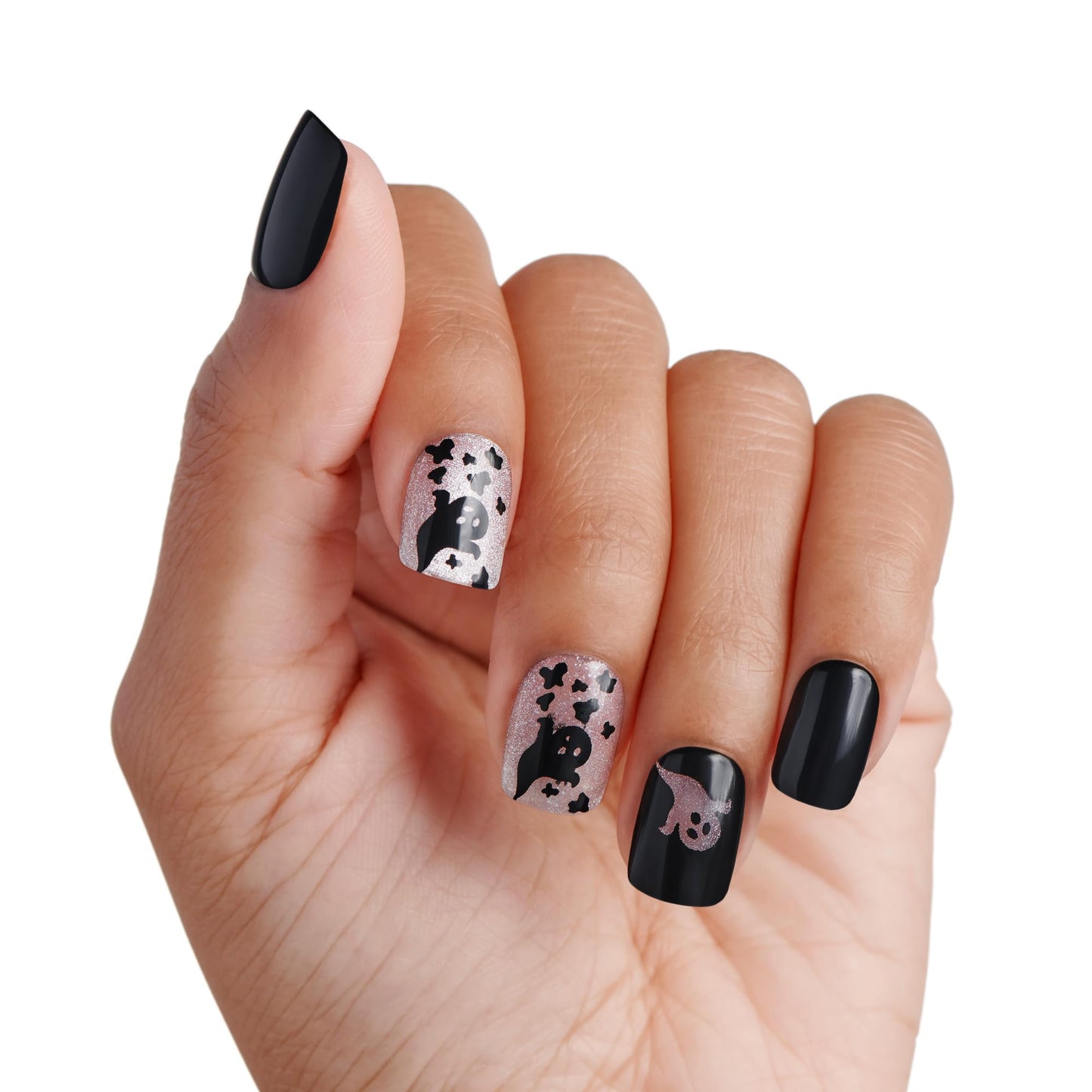 KISS imPRESS Halloween Press On Nails, ‘Coming Near’, Black, Short Squoval, Magnetic Powder Effect, No Glue, Glow-In-The-Dark, Includes Prep Pad, Mini Nail File, Manicure Stick & 30 Fake Nails
