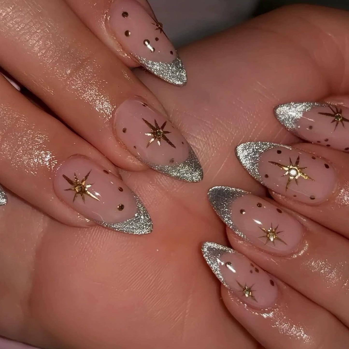 IMRAIN Almond Press on Nails Medium Fake Nails Green Cat's Eye French Tip False Nails with Golden Star Designs Glossy Full Cover Bling Stick on Nails for Women Girls 24Pcs