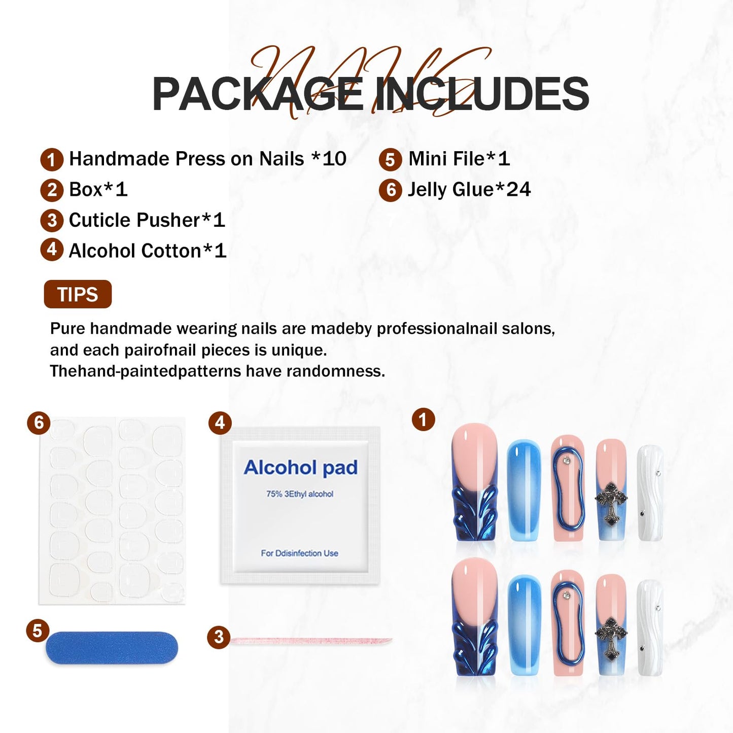 HOMSERA Blue Handmade Long Square Press on Nails XL French Tip Fake Nails with 3D with Cross and Circle Decoration, Reusable Full Cover Acrylic Fake Nails for Women