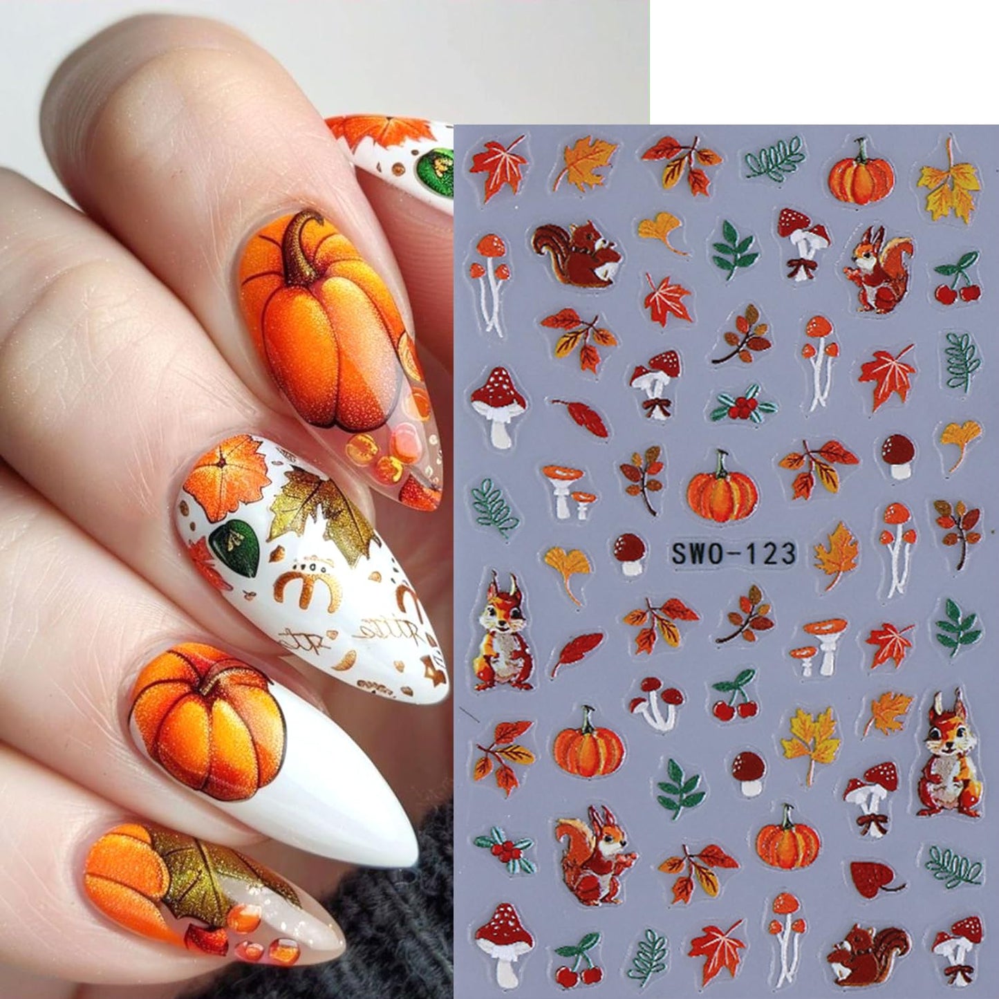 2Sheets Thanksgiving Nail Art Stickers 5D Embossed Squirrel Maple Leaf Nail Decals Self-Adhesive Turkey Pumpkin Designs Nail Sticker Fall Leaves Mushroom Nail Decal for Women DIY Manicure Decoration