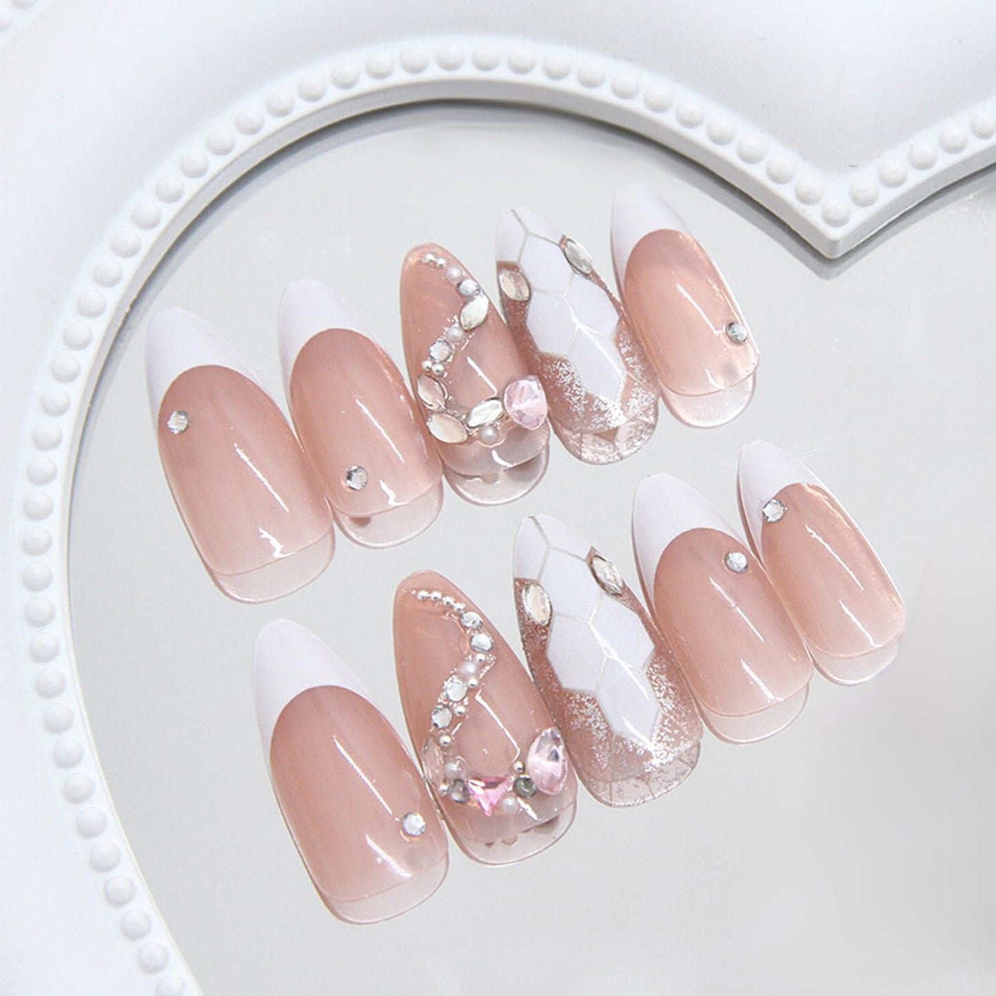 YKZFUI 24Pcs French Tip Press on Nails Medium Almond with 3D Crystal Rhinestones Design, White French Nails Press ons Cute Stick on Nails Little Snake Fashion Acrylic ABS DIY False Nails Set for Women
