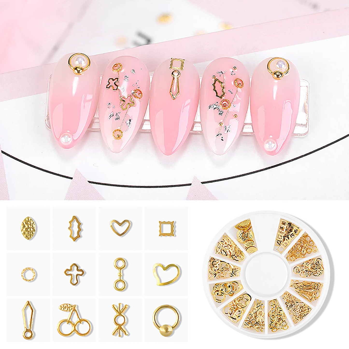 SILPECWEE 6 Boxes 3D Gold Nail Charms Hollow Metal Nail Studs Star Moon Heart Beach Nail Art Charms Nail Jewels Charms for Nails Design Nail Decoration for Acrylic Nails Accessories