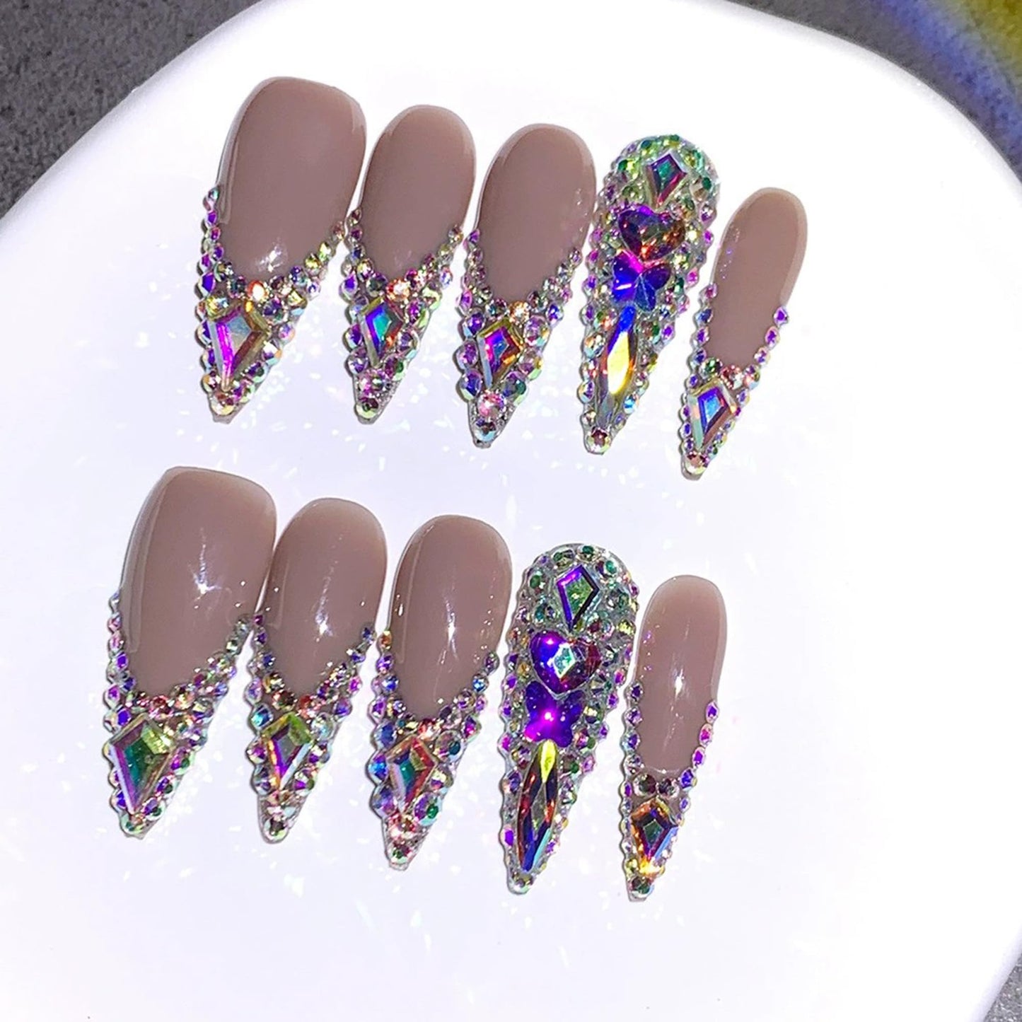 10Pcs Handmade Press on Nails Rhinestone French Tip Fake Nails Long Stiletto False Nails with 3D Designs Luxury Glue On Nail Full Cover Stick on Nail for Women Manicure (Size M)