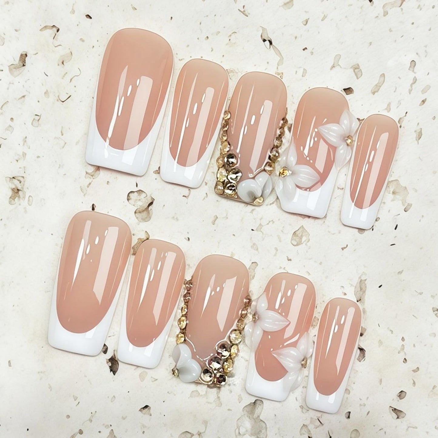 Handmade Press on Nails with Charms Long Square Nails Press ons White French Tips False Nail Rhinestone Charms Designs Flower Press on Nails for Women Girls Daily Wear DIY Manicure (S)