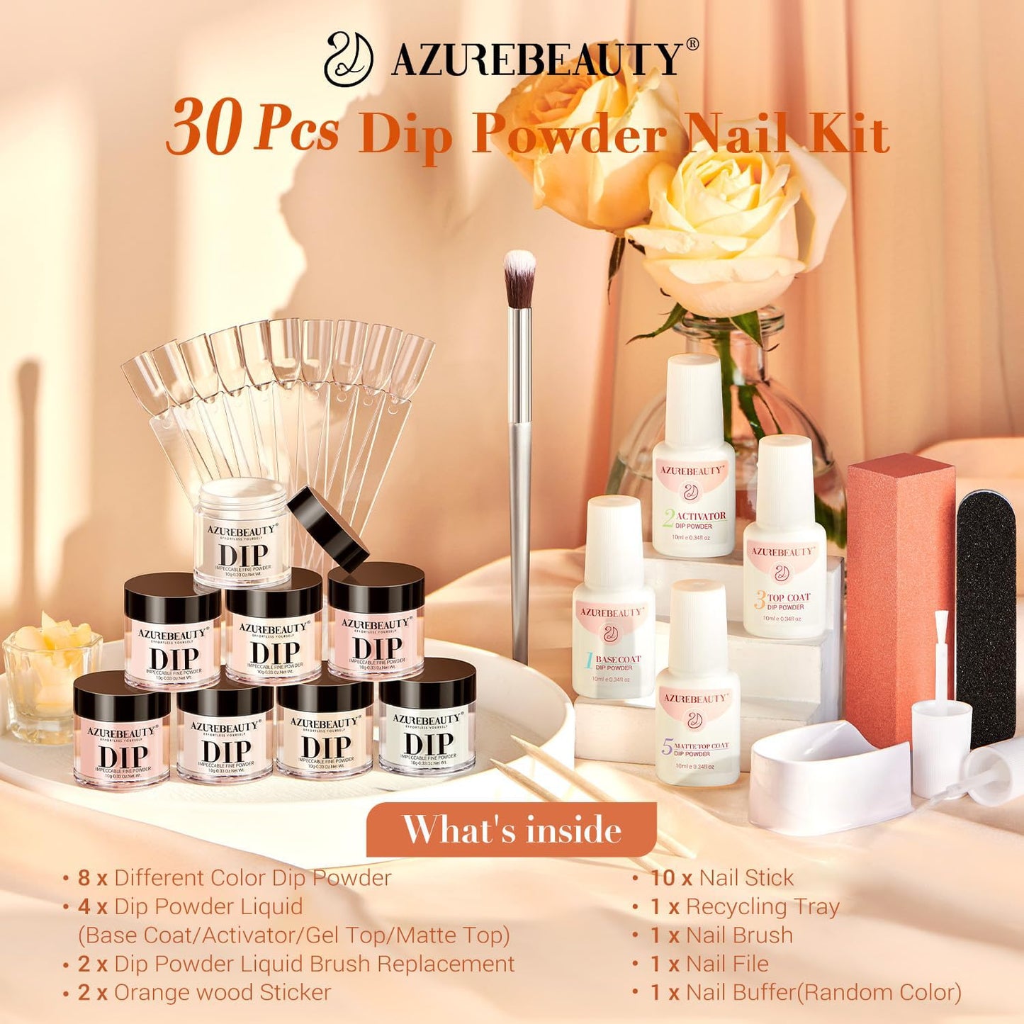 AZUREBEAUTY 30Pcs Dip Powder Nail Kit Starter with Nail Sticks, Nude Skin Tones Neutral Pink 8 Colors Dipping Liquid Set Matte Top Coat for Nail Art Manicure Salon DIY Home