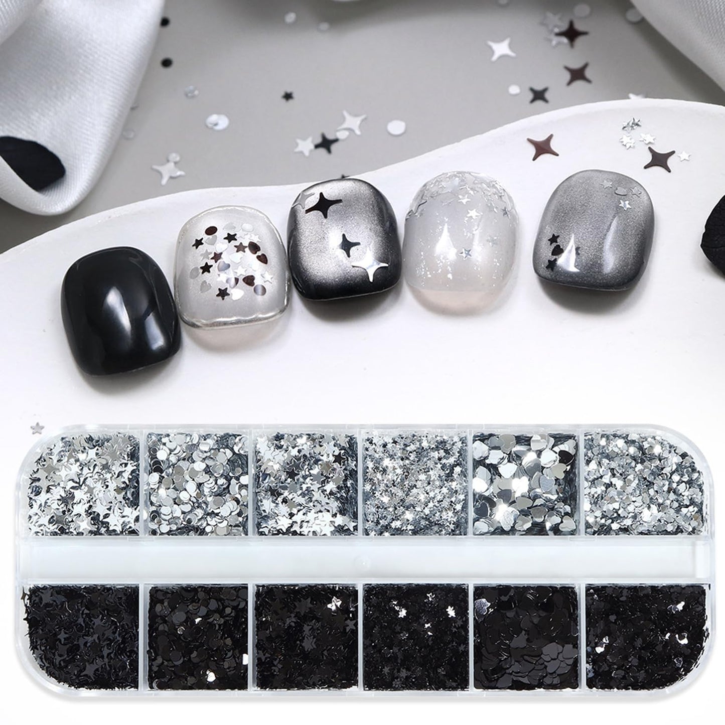 12Grids Silver Black Mini Mixed Nail Art Glitter Kit - Sparkle Heart Star Round Nail Glitters Sequins 3D Holographic Silver Nail Flake Y2K Shiny Nail Supplies Acrylic Nails Tips Accessories for Women
