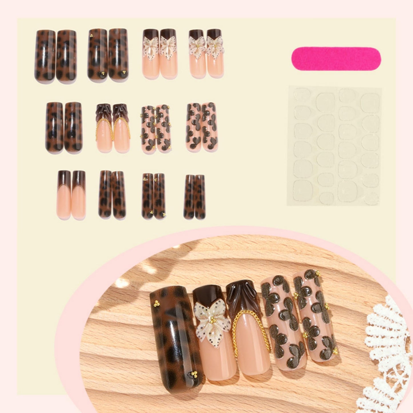 OCTOSWAVE Press on Nails Long Square Fake Nails Leopard Print 3D Flower Design Brown French Tip False Nails for Women Daily Wear Party 24 Pcs with Manicure Tools