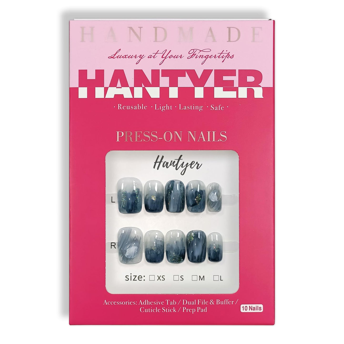 Hantyer Blue Ocean Wave Marbled Press on Nails with 3D Handmade Water Droplets & Gold Glitter, Short Square Glossy Soft Glam Fake Nails, Elegant False Nails for Women Fall Winter Party, Size L
