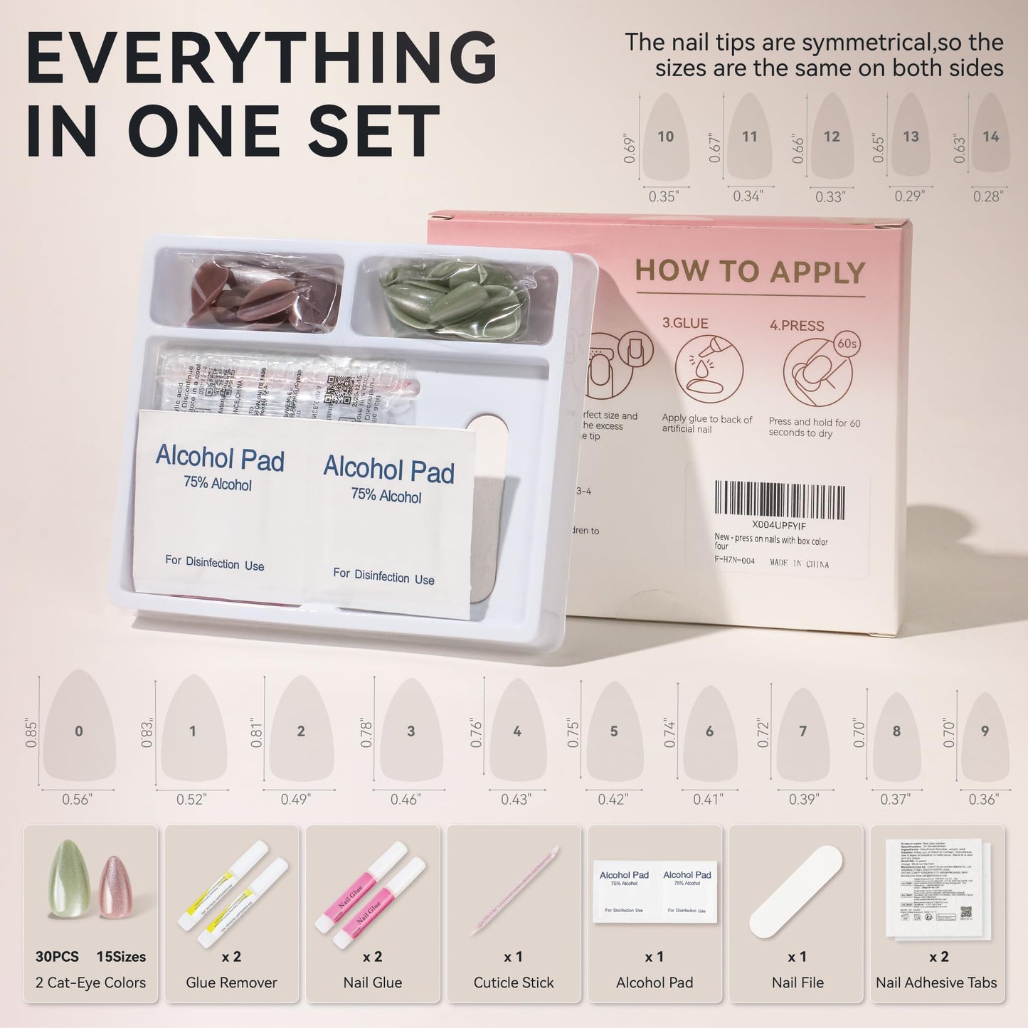 ELLEWIN 60 Pcs Cat Eye Press on Nails Medium Almond - Grass Green & Pink, 15 Sizes Acrylic Glossy Glitter Stick on Nails Set with Glue, Remover & Accessories for Women