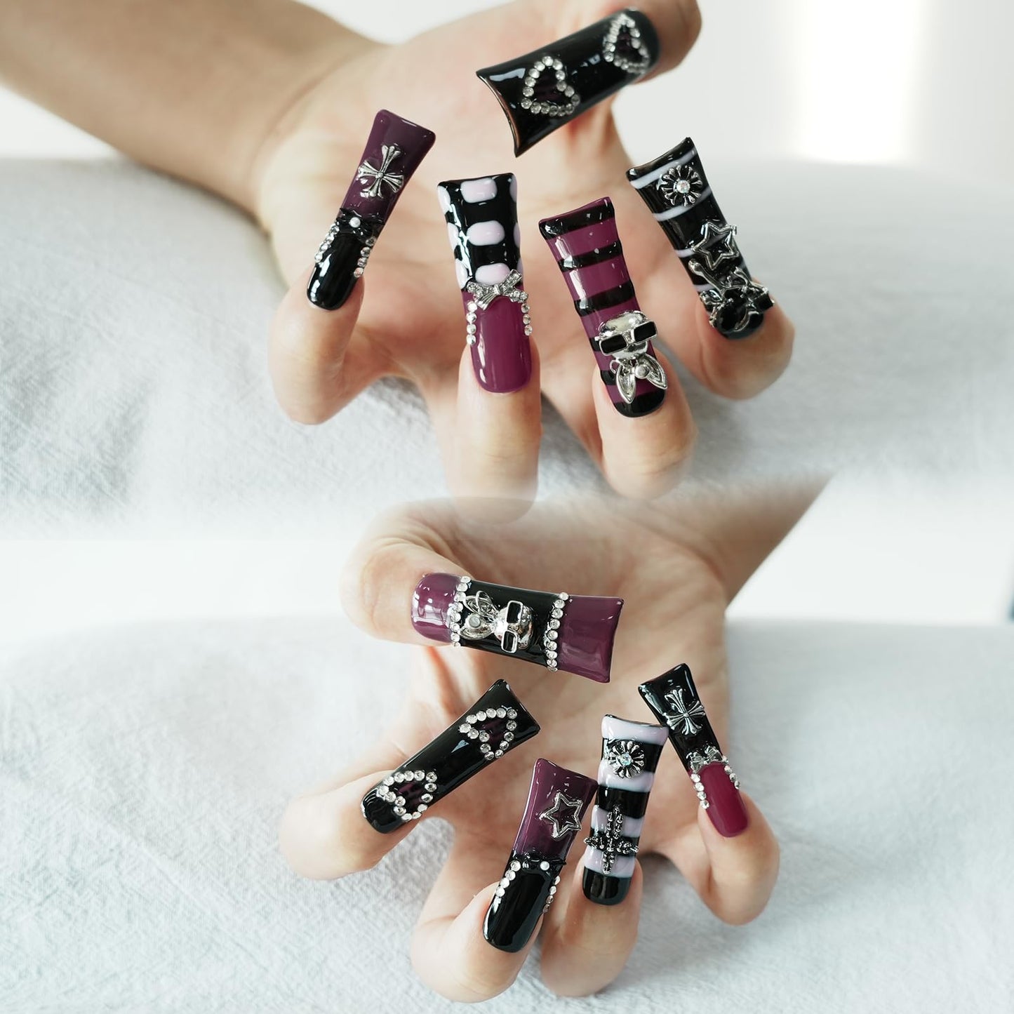 Tesytto Metallic Gothic Press on Nails - Duck Nail Tips False Nails Black Purple Hot Pink with 3D Metal Cross, Star, Heart, Bow & Rabbit Charms, Extra Long Nails for Parties (Dark Romance, M)