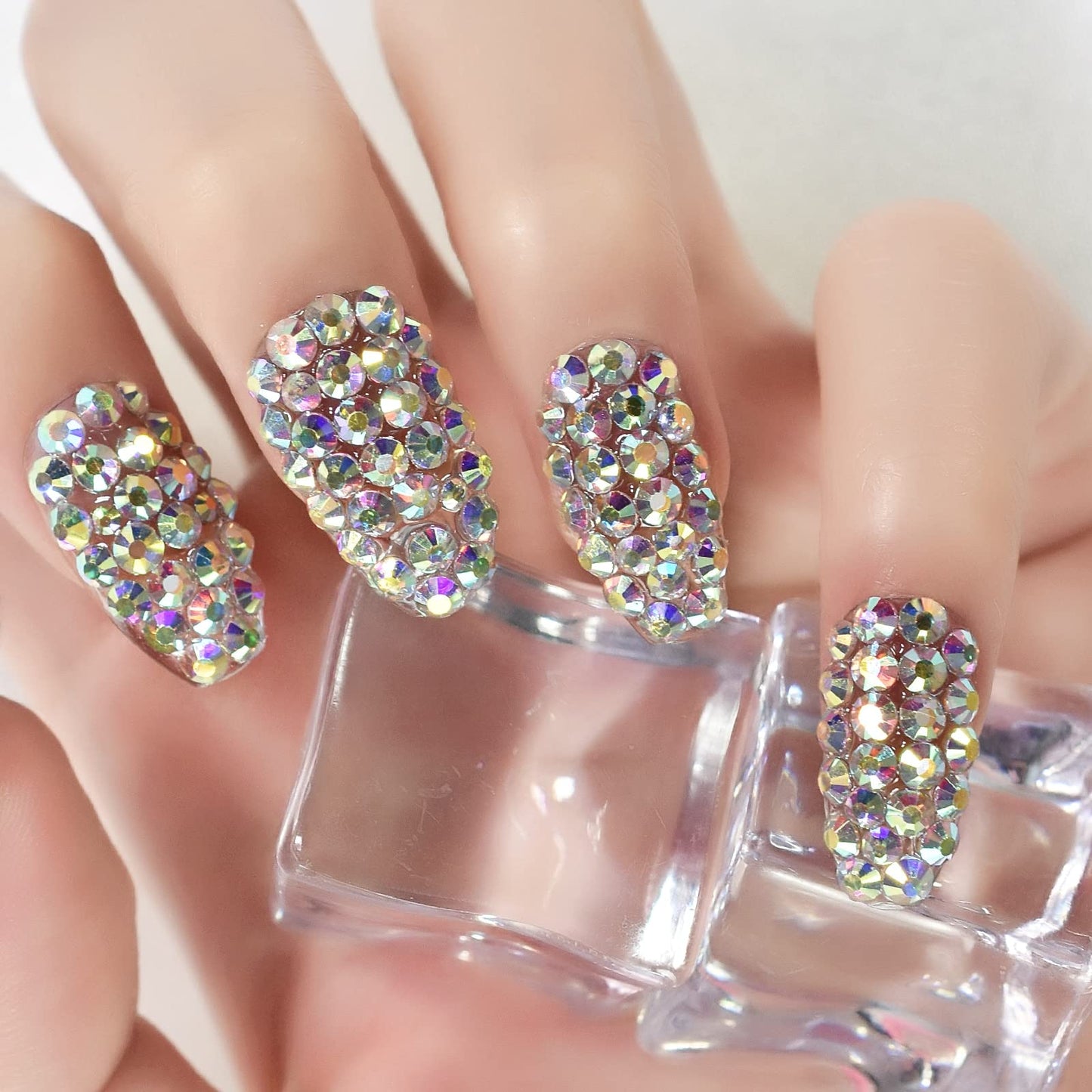Sparkly Luxury Diamond Press on Nails - iBeautying False Nails - Finish Finger Wearable Nail 3D Rhinestones Jewelry Gems Full Cover Shine Reusable Coffin Fake Nails