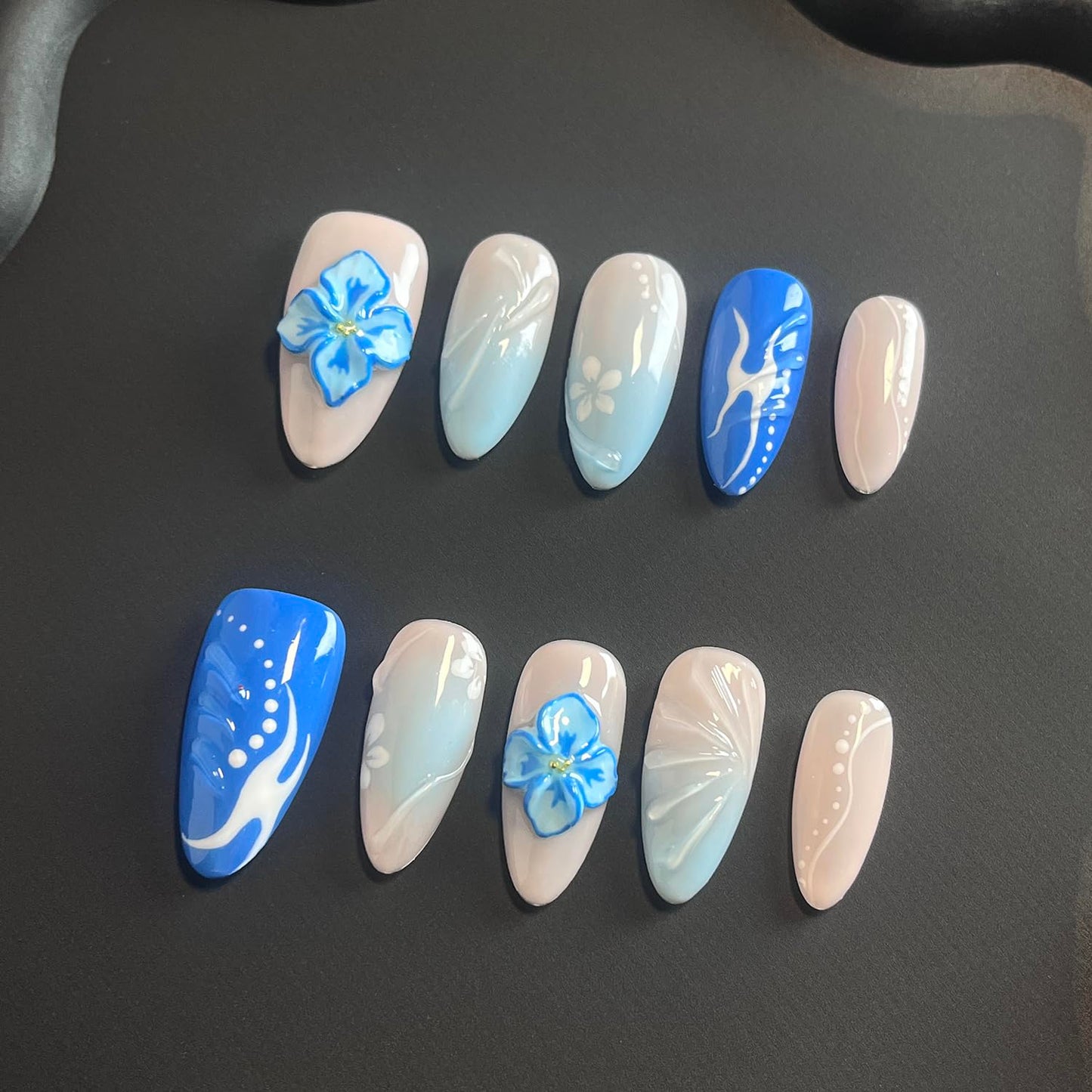 Luxury Press on Nails Medium Almond 3D Unique Handmade Fake Nails Blue False Nails with Designs Flower Water Ripple Beach Reusable ABS MaterialGlossy Glue on Thick Acrylic Nails(M)