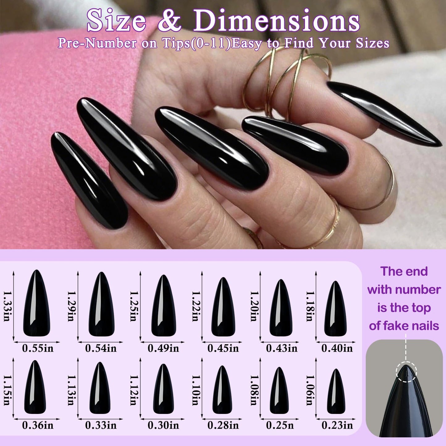 144pc Black Press on Nails Long Stiletto Fake Nails with Glue Tabs, Black Nails Press ons Nails Stiletto Glue on Nail Pointy Acrylic Nails Stick False Artificial Fingernail for Women Girls