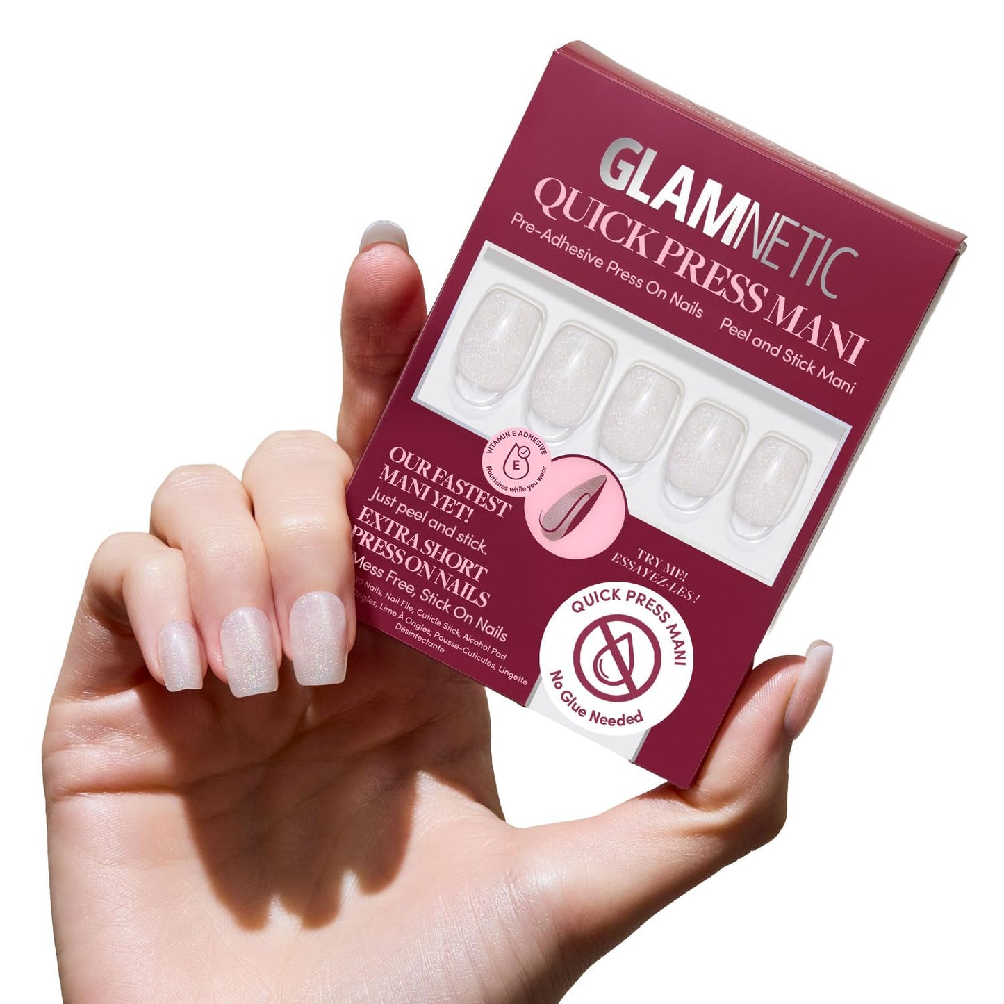 Glamnetic Quick Press Mani Bundle - No Glue Press On Nails, Just Peel and Stick | Daydream Veil & Porcelain | Mess Free Salon Quality Stick On Nails | Square Extra Short Nails