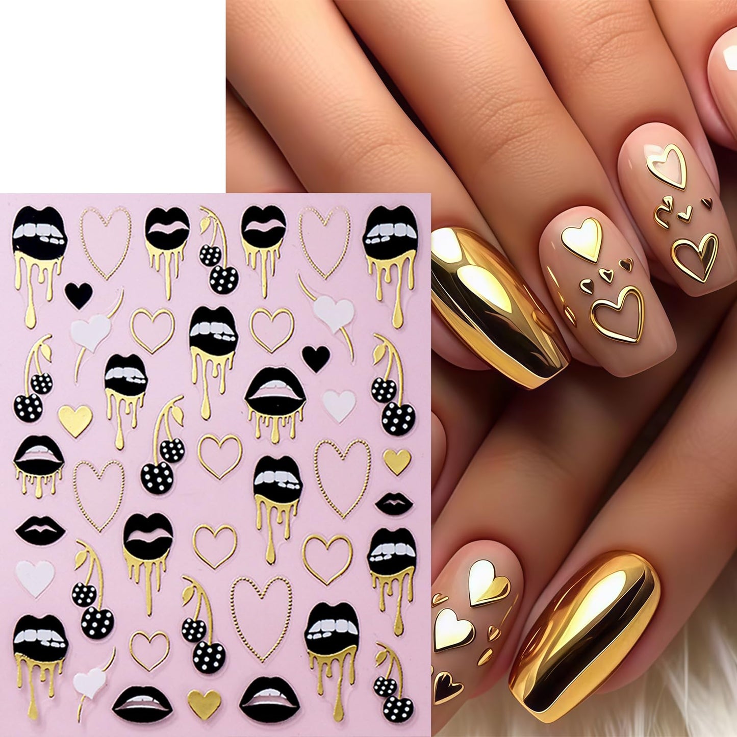 6 Sheets Black Lips Nail Stickers Valentines Nail Decals Self-Adhesive Rose Gold Heart Cherry Sexy Lips Nail Design Hollow Heart Nails Supplies DIY Manicure Accessories for Women Nails Decorations