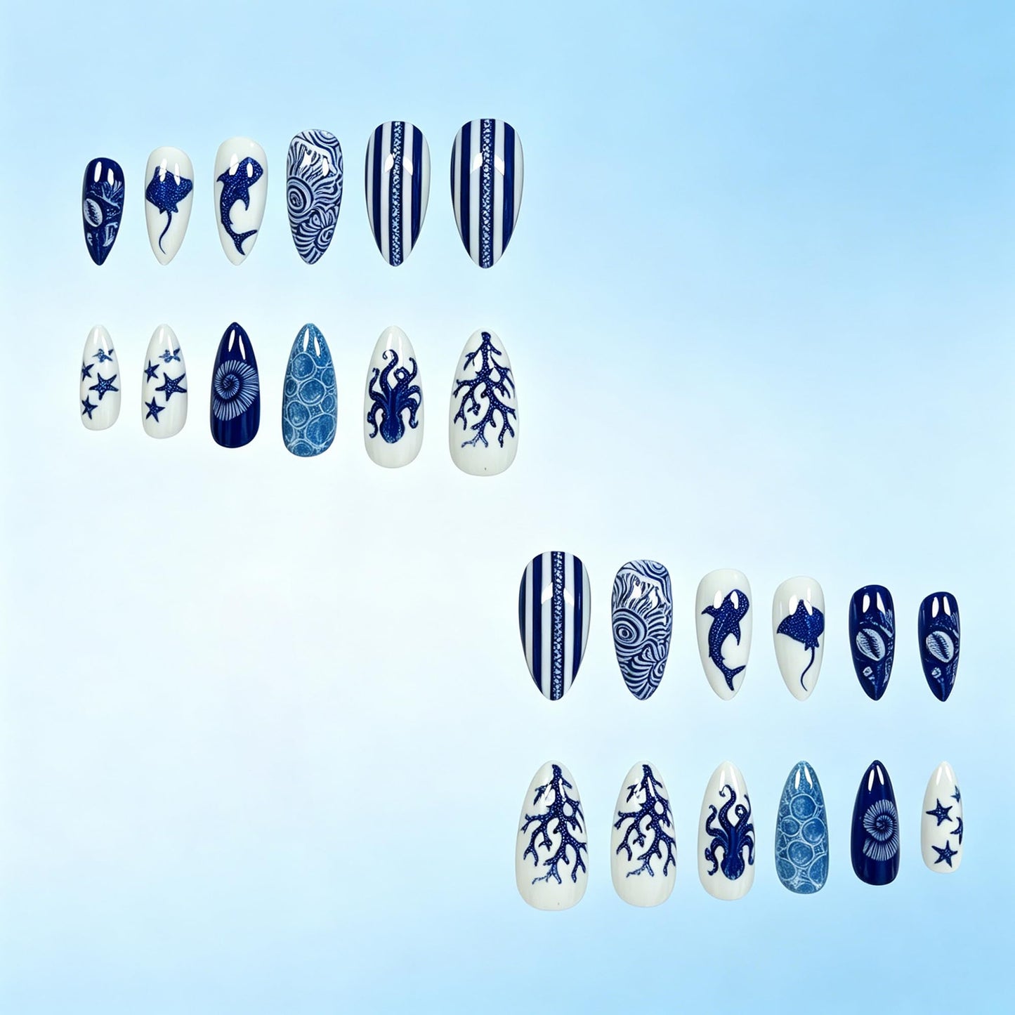 24Pcs Medium Almond Press On Nails, Blue Ocean Theme False Nails with Coral, Octopus, Starfish, Whale, Manta Ray & Shell Designs, Glossy White & Deep Blue Beach Full Cover Acrylic Nail Set for Women