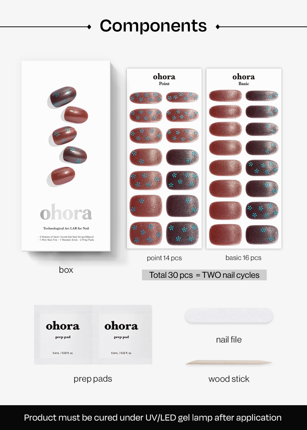 ohora Semi Cured Gel Nail Strips (N Evening Flora) - Works with Any Lamps, Salon-Quality, Long Lasting, Easy to Apply & Remove - Includes 2 Prep Pads, Nail File & Wooden Stick