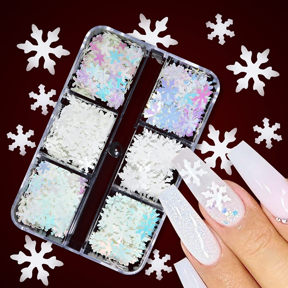 6 Grids 3D Snowflake Winter Nail Sequins - Snow Flakes Nail Glitter Christmas Snowflakes Designs Manicure, Xmas Nail Art Stickers for Winter, Nail Stickers for Christmas Party Accessories Decorations