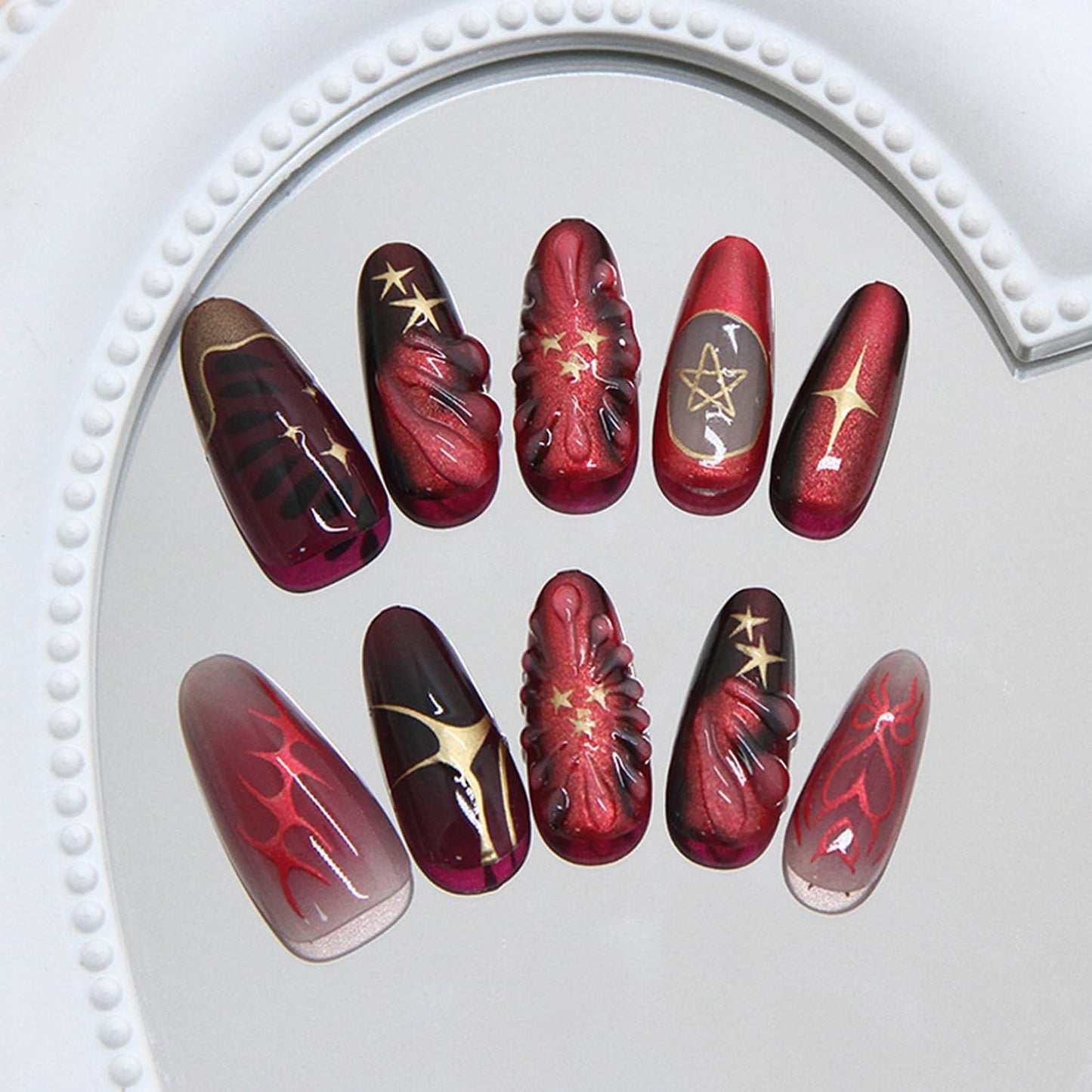 30Pcs Red Press on Nails Charms Medium Almond Fake Nails Stars Pattern French Nails Glossy Wine Red Acrylic False Nails Full Cover Stick on Nail Artificial Manicure for Women Daily Wear