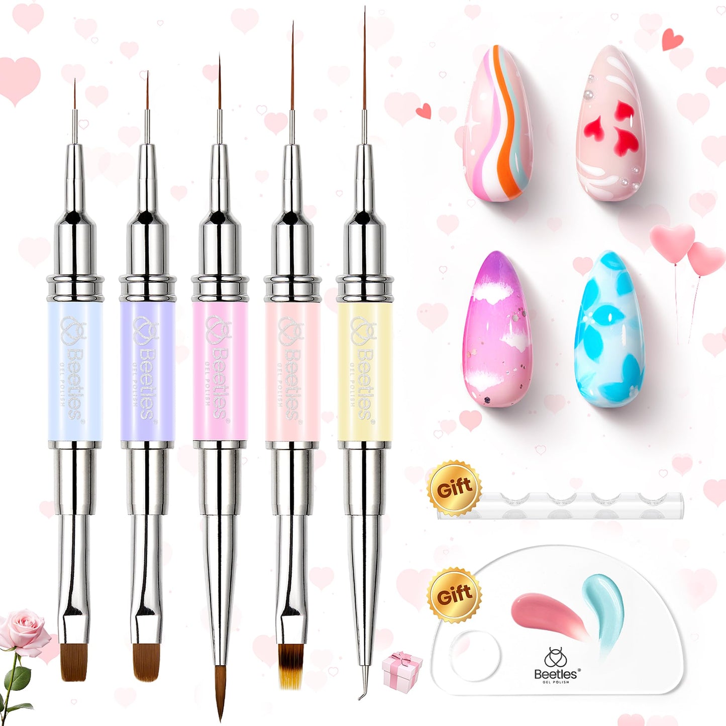 Beetles 7 Pc Double-ended Nail Art Brushes Set - Synthetic Fibers - Gel Polish Design Pen Liner, Flat, Oval, Petal, Gradient, Dotting Brushes - DIY Nail Art Kit - Gifts for Women