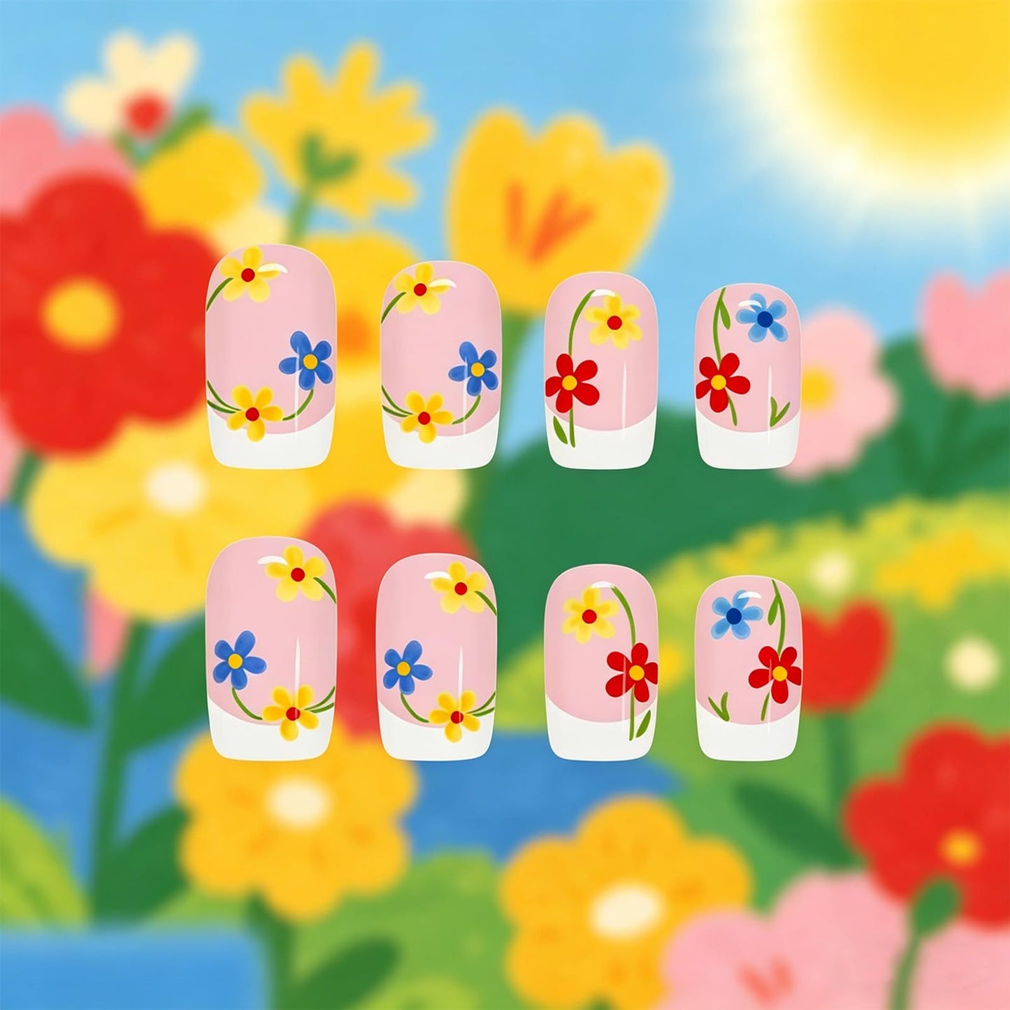 Floral Press on Nails Flower Fake Nails 24 Pcs HZJXRT Medium Square Stick on Nail Spring Flower Acrylic False Nail Glossy White French Tips Glue on Artificial Fingernails for Coquette Women