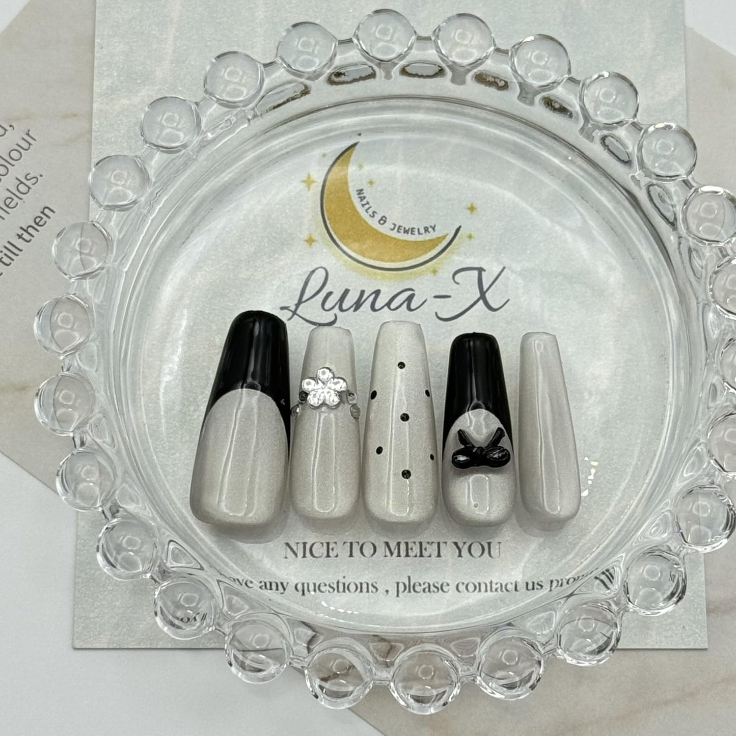 French Tip Press on Nails, Long Coffin Fake Nails,Glitter ballet-inspired style with Rhinestones, and silver black white Polka Dot Nails for Wedding Party.10Pcs Nail Kit for Women Manicure.