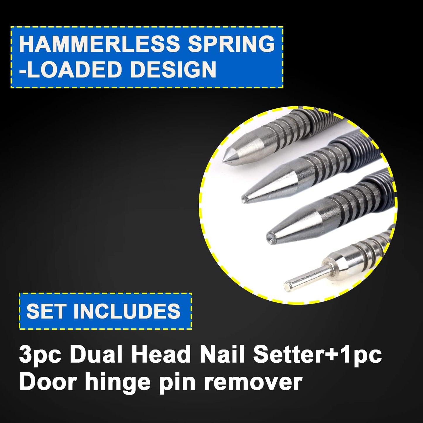 LSTOPGO Spring Nail Set with Size Marked,Spring Loaded Center Punch,4pcs Dual Head Nail Setter,Hammerless Door Hinge Pin Removal Tool（1/8-in, 3/32-in, 3/16-in, 1/16-in, 1/32-in, 1/8-in）