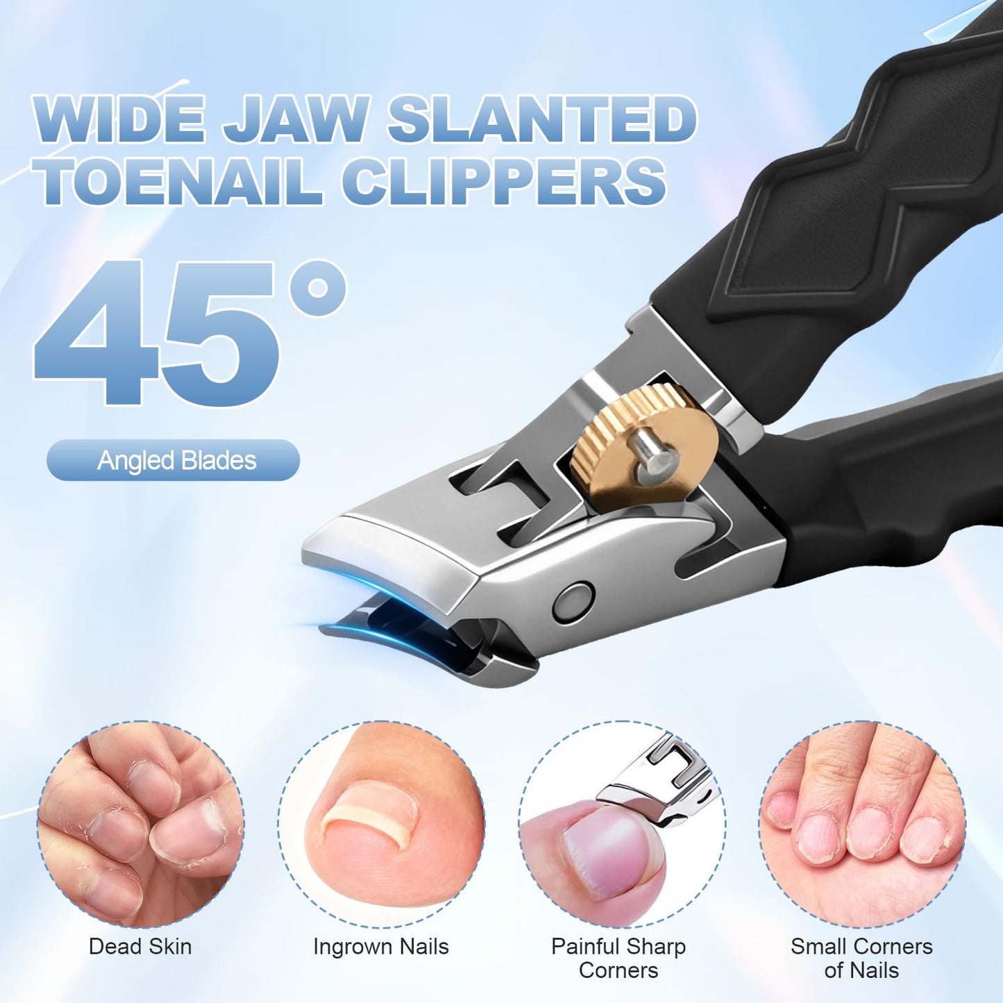 Toomkey 6-in-1 Toenail Clippers for Seniors with Thick Nails - Heavy Duty Wide Opening Nail Cutter Set with 45° Angle for Ingrown Toenails - Professional Pedicure Kit for Elderly Adults with Arthritis
