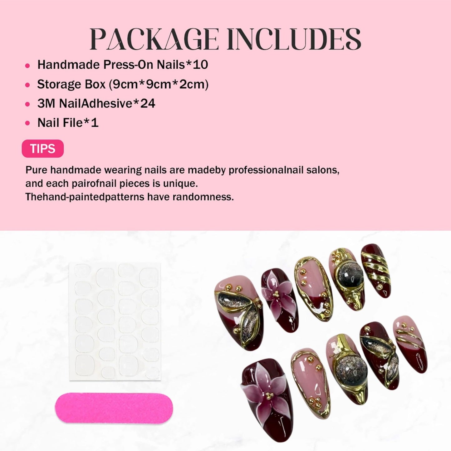 Qicaijia 10Pcs (Size M) Short Almond Handmade Press On Nails - Luxury Red French Tip 3D Cat’s Eye Acrylic Fake Nails with Ombre Flower & Sparkly Designs for Women