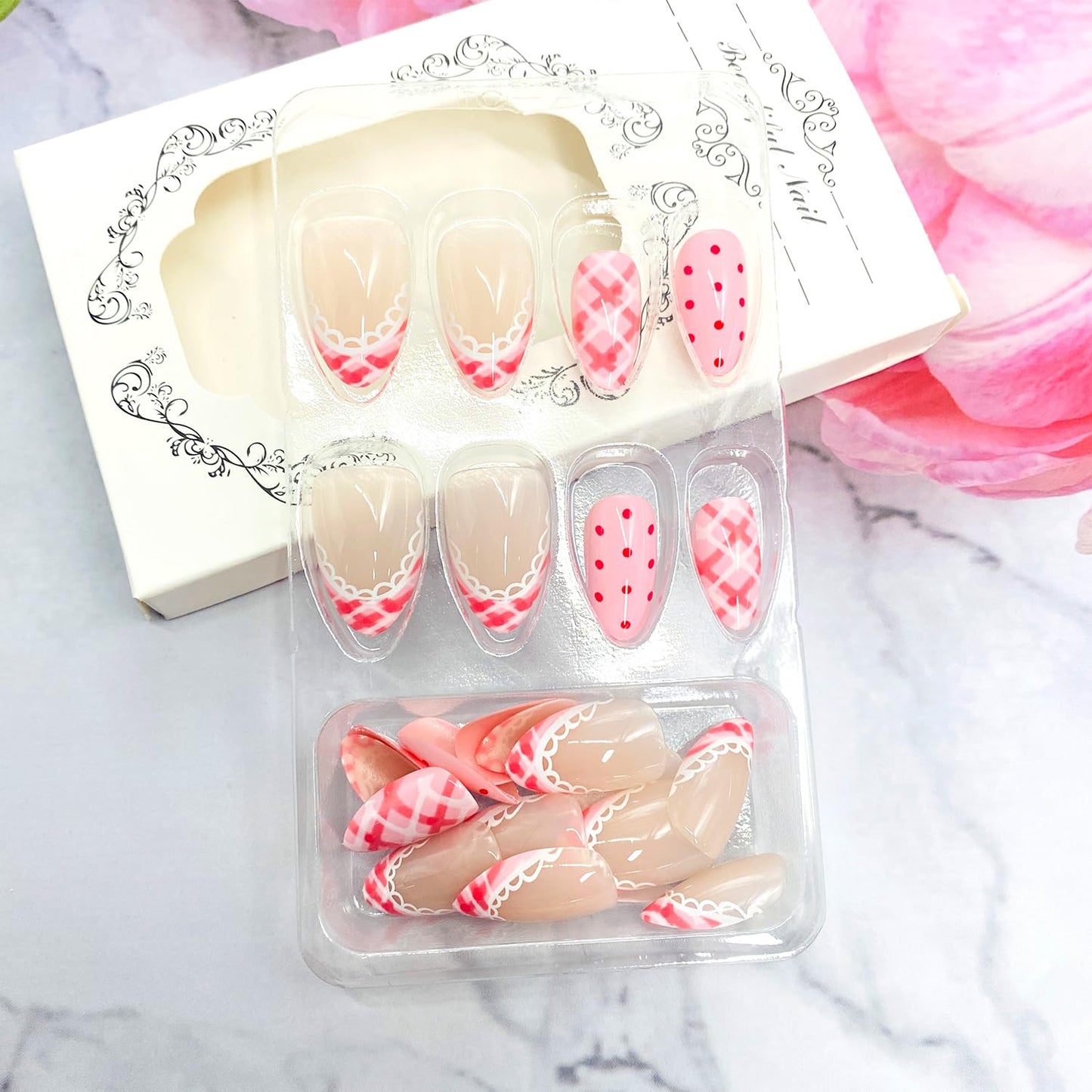 LWTZLW Cute Polka Dots Press on Nails French Tip Short Almond False Nails with Pink Grids Design Full Cover Glue on Nail Summer Reusable Acrylic Fake Nails Glossy Artificial Stick on Nail for Women