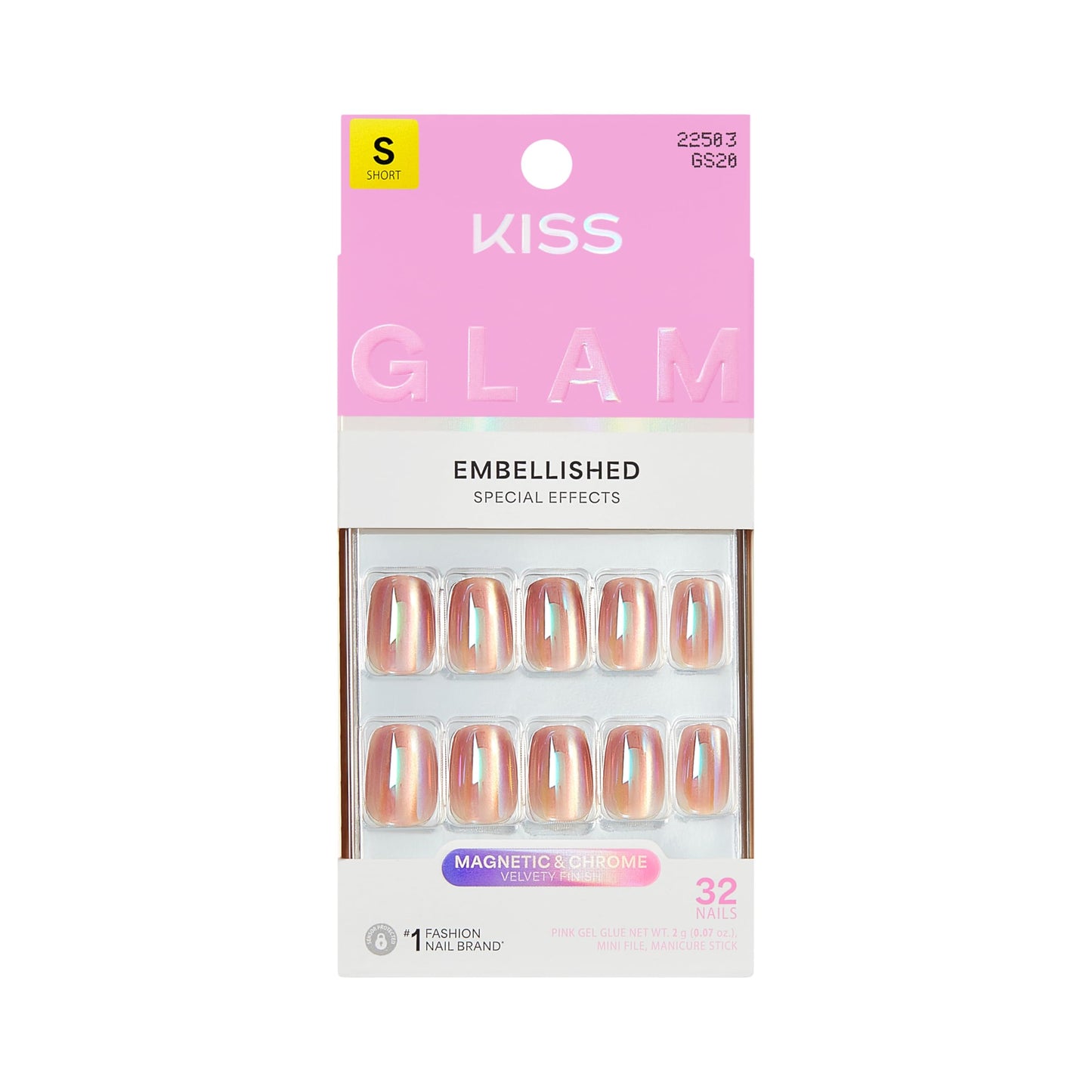 Kiss Glam, Press On Nails, Nail glue included, 'Golden Hour Affairs', Pink, Short Size, Squoval Shape, Includes 32 Nails, 2g Glue, 1 Manicure Stick, 1 Mini File