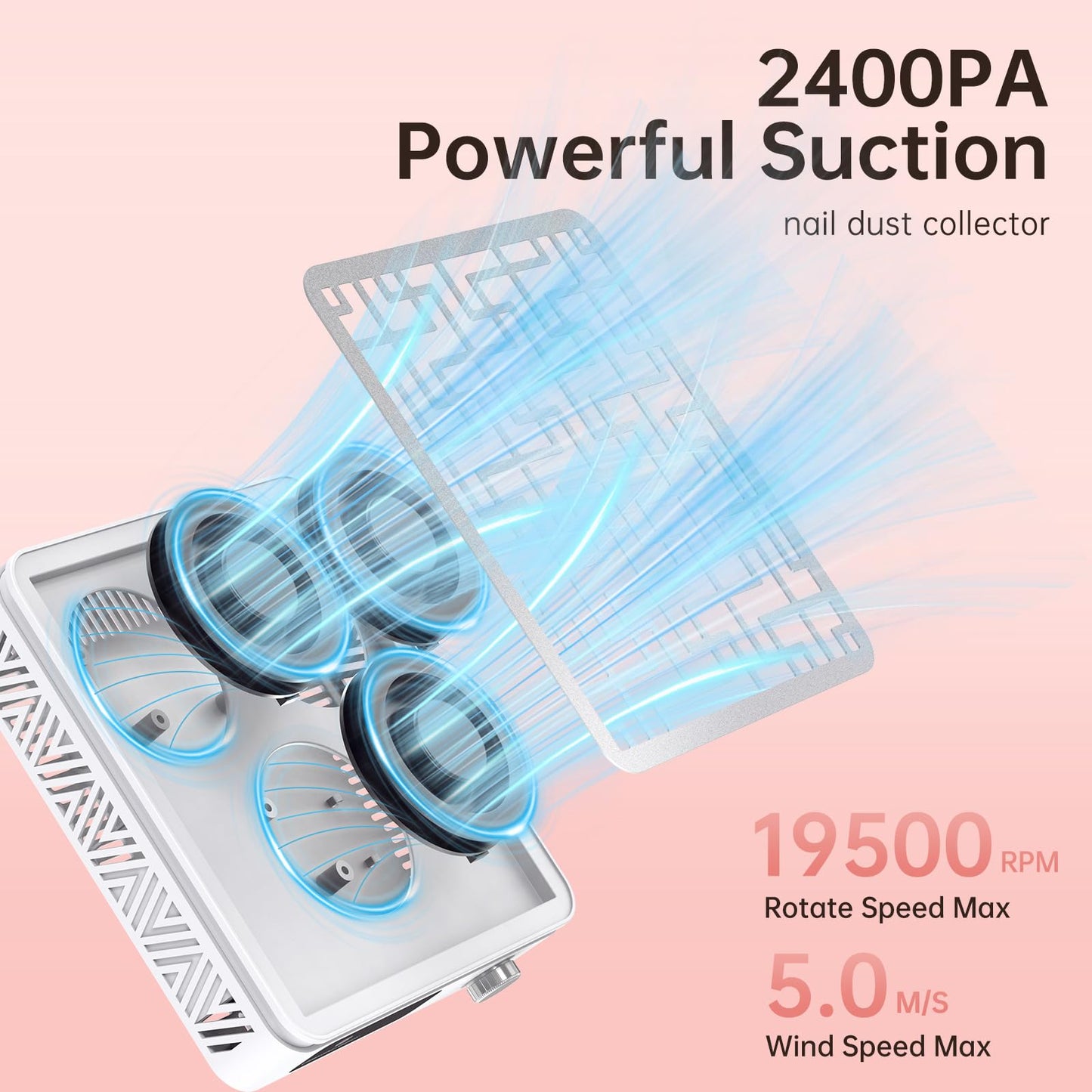 CHRISTINE SHELLY Cordless Nail Dust Collector, Professional Portable Dust Collector Nail Tech, Powerful 2400PA 19500RPM Nail Fan Vent Dust Collector Extractor with 50 Gears, Low Noise, Nail Salon