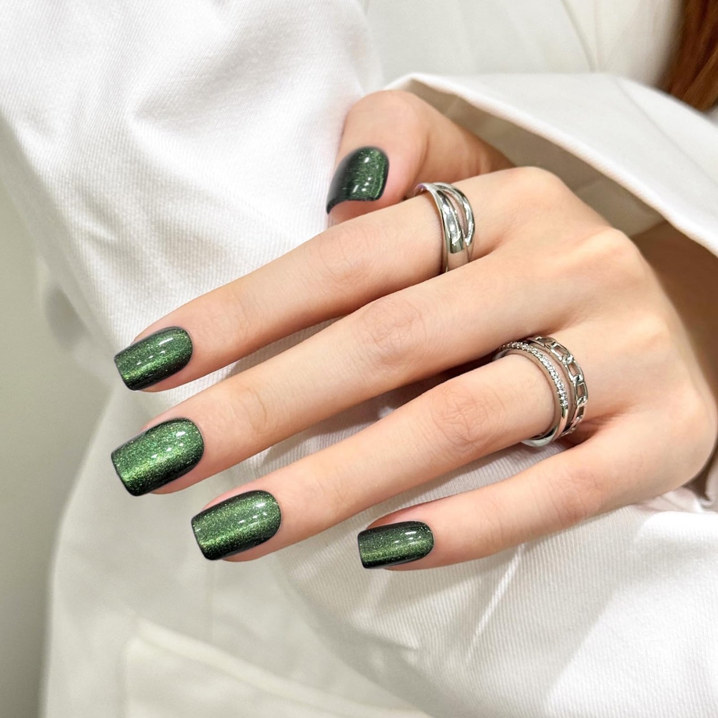 Green Cat Eyes Press On Nails,12 Sizes - 24 Pcs Soft Gel Green Short Squoval Fake Nails Kit with Nail Glue, Natural Reusable Stick On False Nails for Women and Girls SK1066