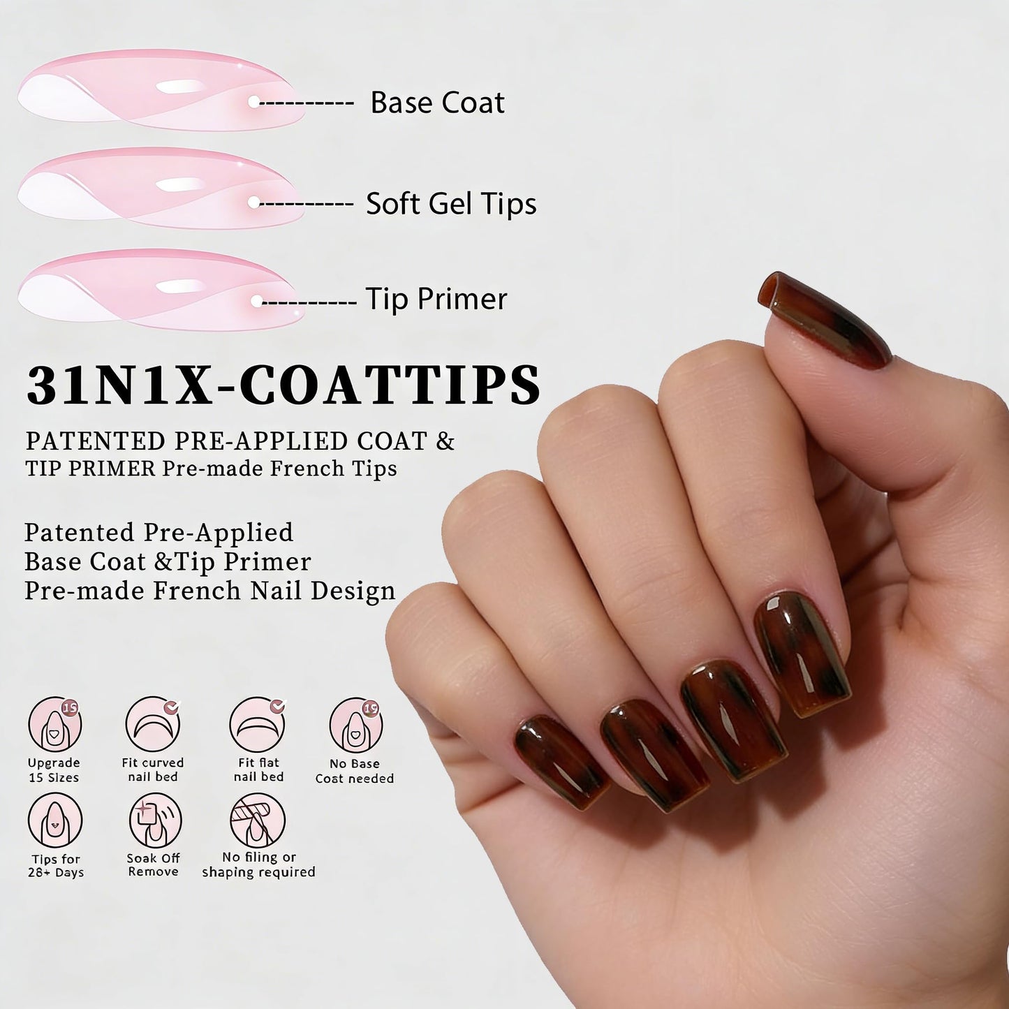 Dsixnails 150Pcs Tortoiseshell Short Square Press on Nails, Soft Gel Nail Tips 15Sizes, Long Lasting Reusable Fake Nails, Salon Quality Soak Off False Nail Tips for Women Girl Festival Gift