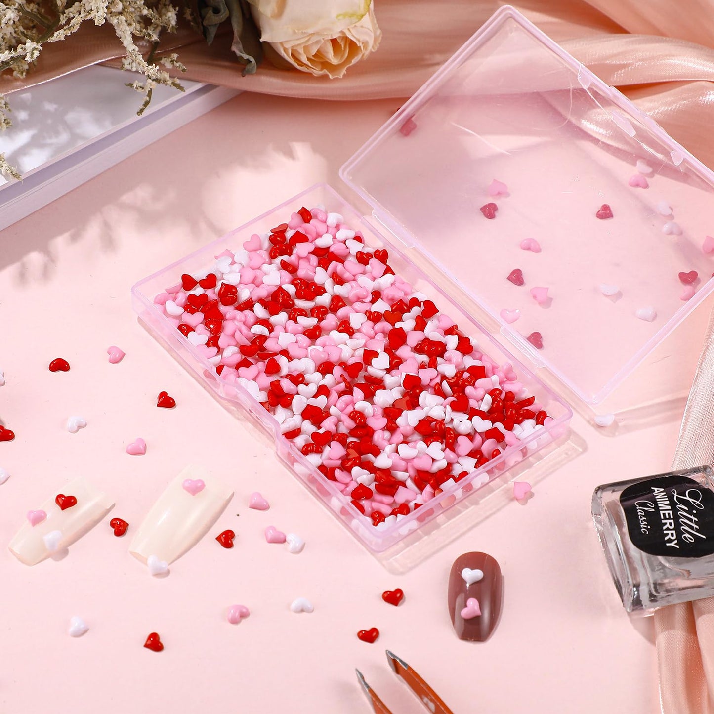 600pcs Valentine Heart Nail Charms and Gems Mini Pink Heart Charms for Nail Red White 3D Resin Rhinestones Love Accessories Half Cover Cute Supplies for Galentines Day Women DIY Decor