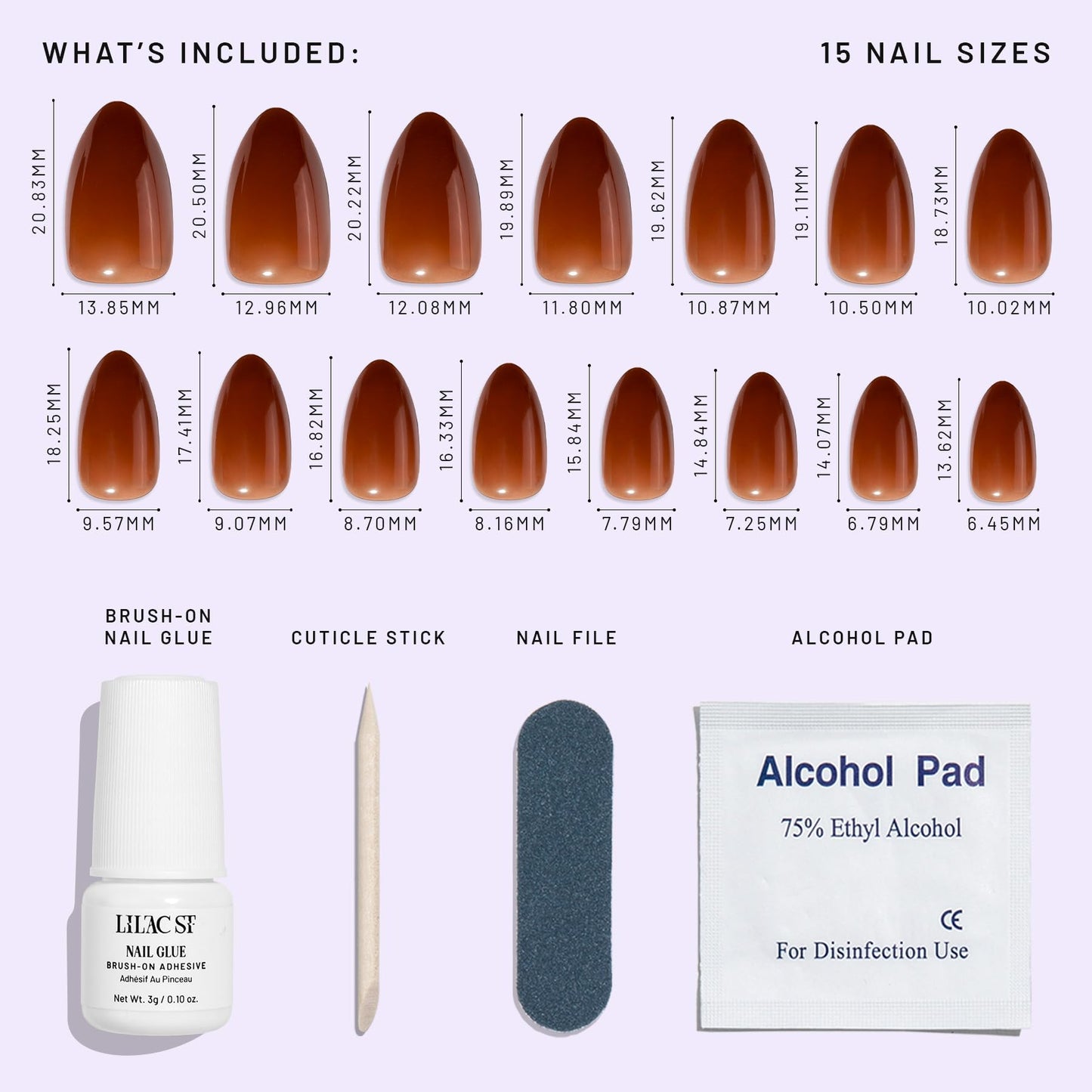 Lilac St - Press on Nails, In Amber (30 Nails, 15 Sizes) - Medium, Almond, Glossy, Semi-Opaque - Brush On Nail Glue, Nail File, Cuticle Stick, Prep Pad - Cruelty Free, Vegan, Women Founded